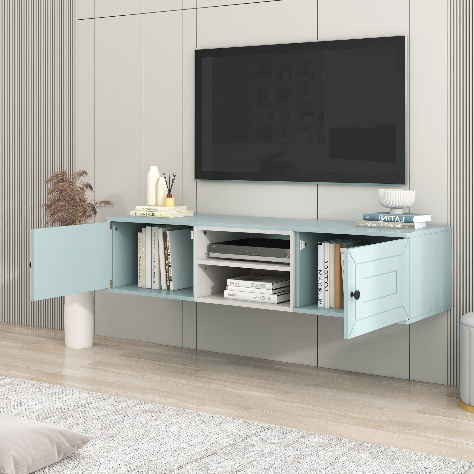 Wall Mounted 65" Floating TV Stand with Large Storage blue-mdf
