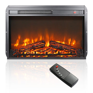 26 Inch Electric Fireplace Insert, Ultra Thin Heater With Log Set & Realistic Flame, Remote Control With Timer, Overheating Protection Antique Black Tempered Glass Sheet Metal Plastic