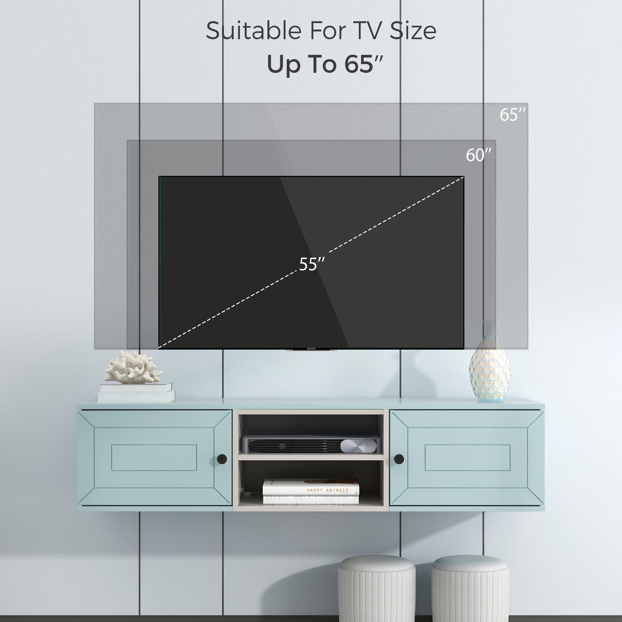 Wall Mounted 65" Floating TV Stand with Large Storage blue-mdf
