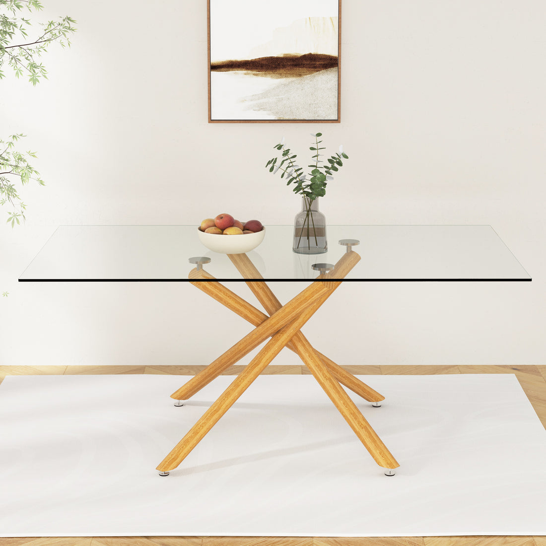 Large Modern Minimalist Rectangular Glass Dining Table For 6 8 With 0.39" Tempered Glass Tabletop And Wood Color Metal Legs, For Kitchen Dining Living Meeting Room Banquet Hall, 71" W X 39" D X 301537 Transparent Glass