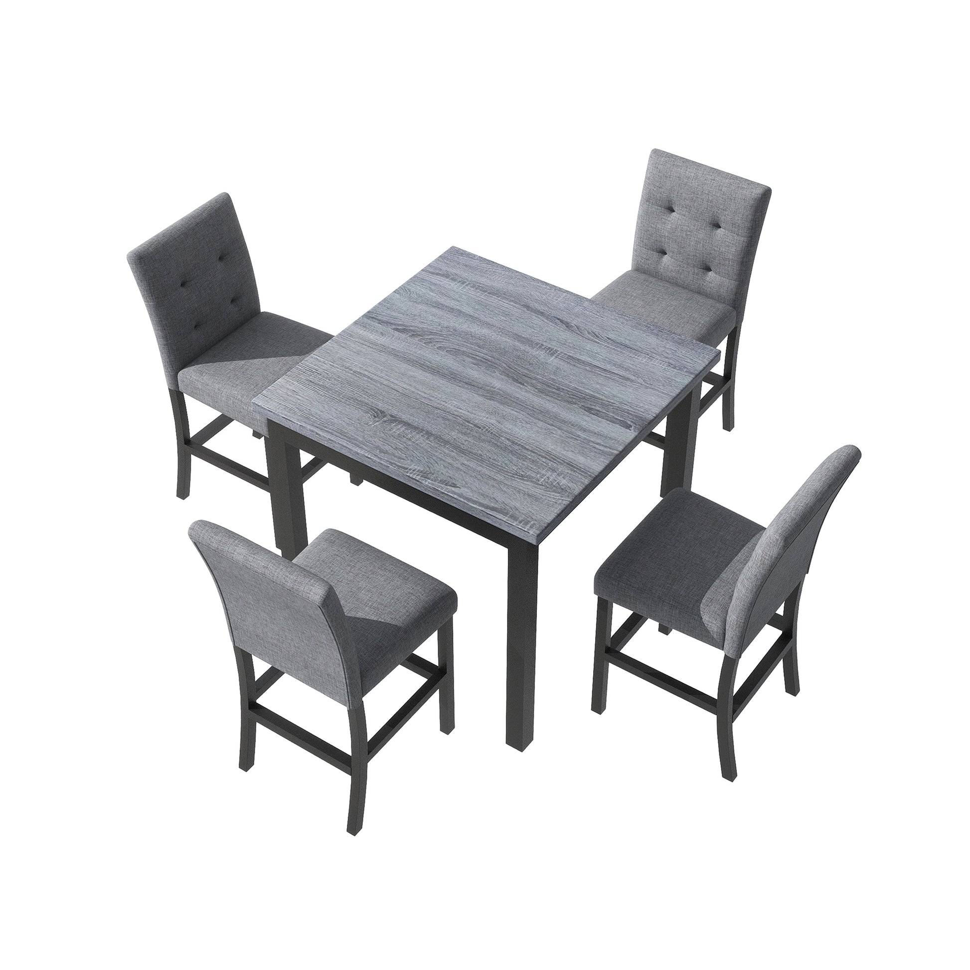 5 Piece Counter Height Dining Set Wood Square Dining Room Table And Chairs Stools W Footrest & 4 Upholstered High Back Chairs,Black Gray Wood Dining Room Solid Wood Rubberwood Square Dining Table With Chair Upholstered Chair Wood Black Queen Anne Seats 4