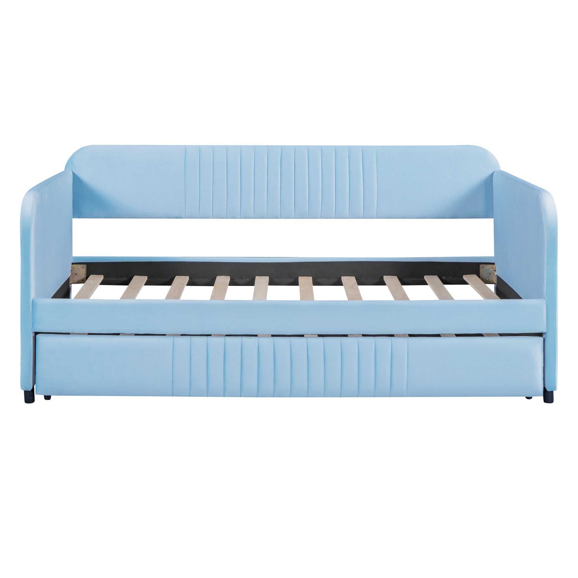 Upholstered Daybed Sofa Bed Twin Size With Trundle Bed And Wood Slat, Light Blue Light Blue Upholstered