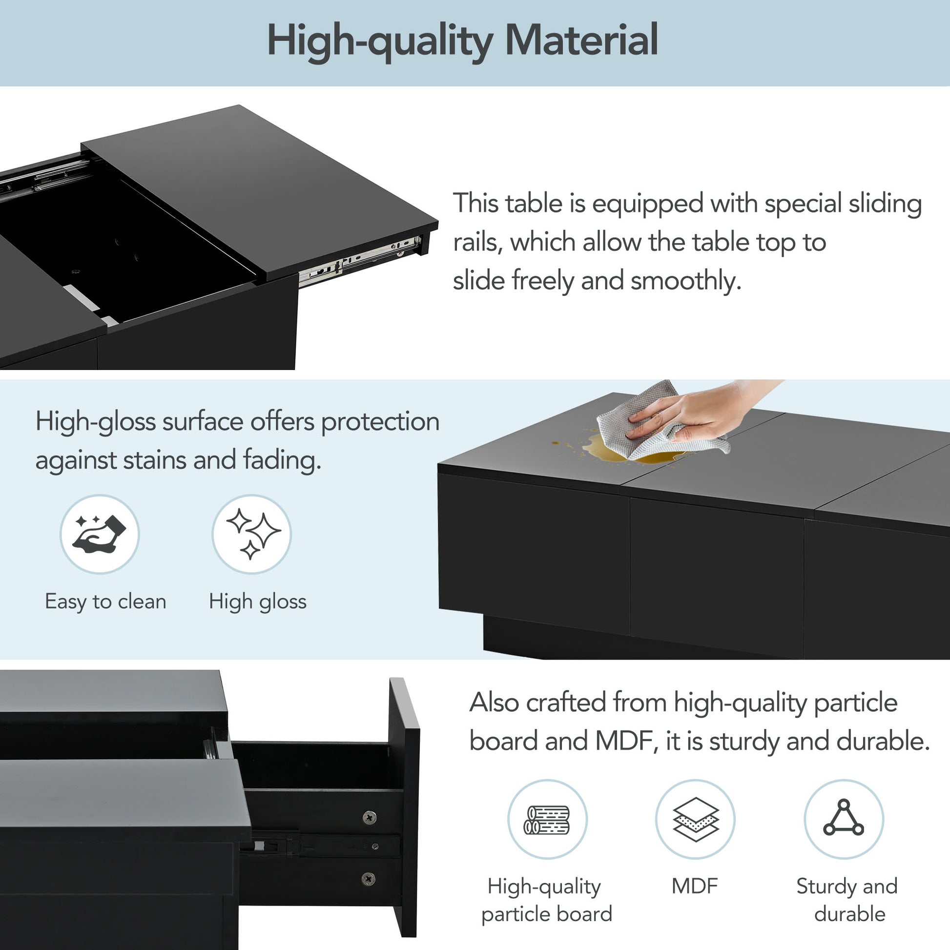 Coffee Table With 2 Large Hidden Storage Compartment, Extendable Cocktail Table With 2 Drawers, High Gloss Center Table With Sliding Top For Living Room, 39.3"X21.6", Black Black Soft Close Drawers Primary Living Space Contemporary Freestanding