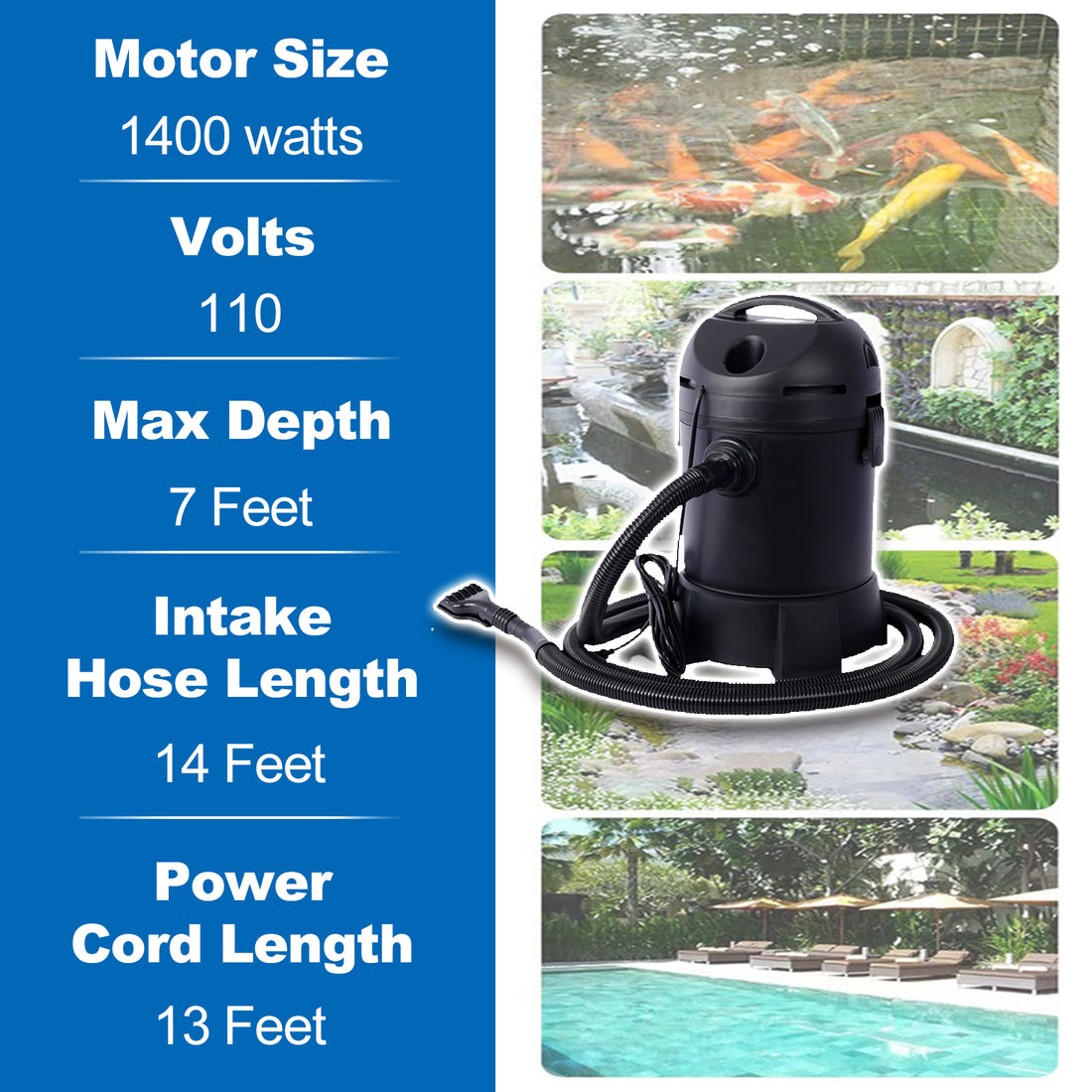 Garden Pond Vacuum Cleaner,Cleansweep With 14Ft Intake Suction Hose, 4 Extension Tubes, 3 Vacuum Nozzles, A 6.5 Foot Output Hose, And A Debris Collection Bag Black Polyurethane