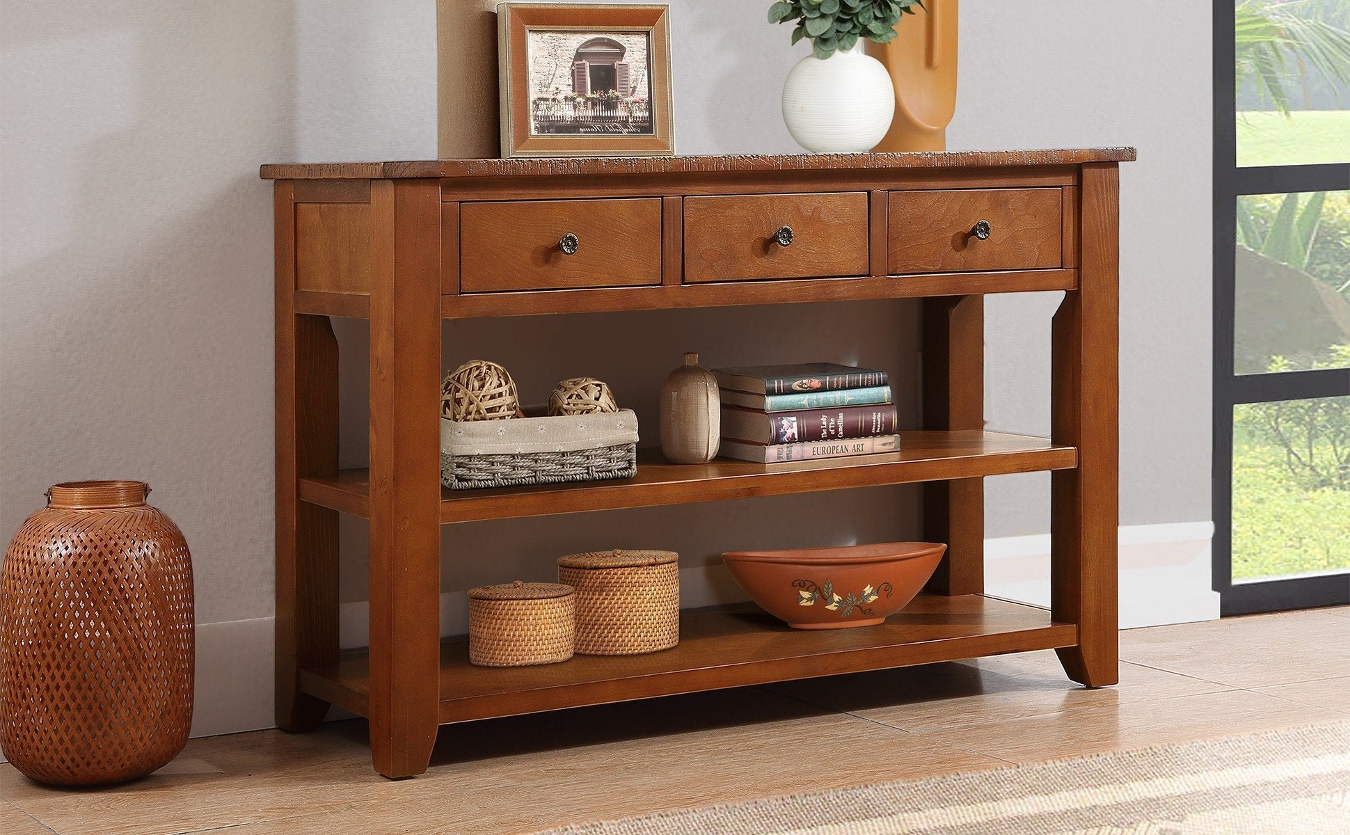 48'' Solid Pine Wood Top Console Table, Modern brown-pine