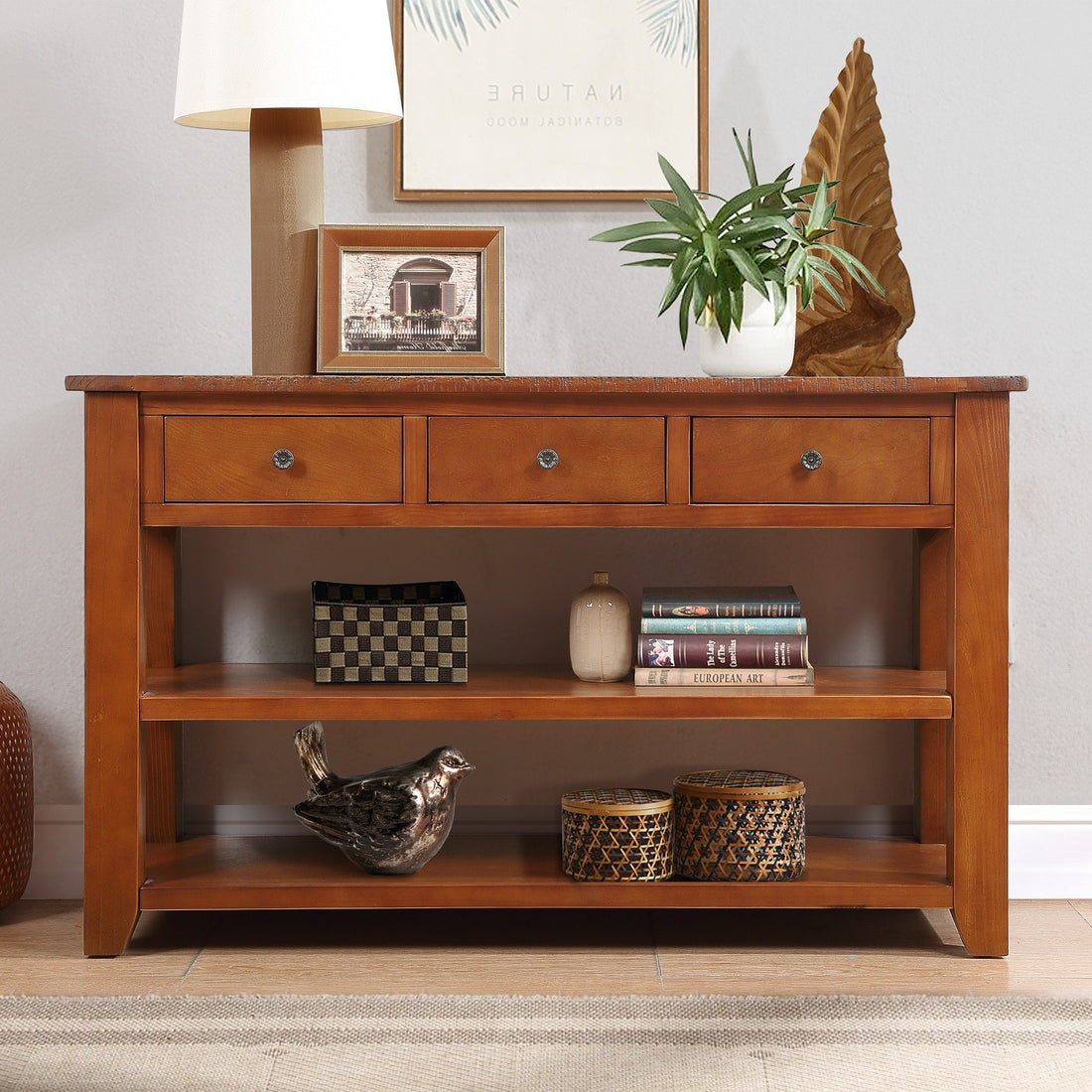 48'' Solid Pine Wood Top Console Table, Modern Entryway Sofa Side Table With 3 Storage Drawers And 2 Shelves. Easy To Assemble Brown Brown Pine