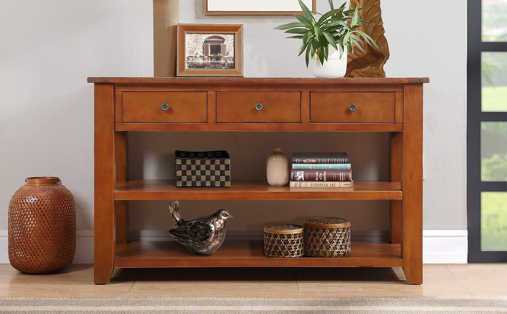 48'' Solid Pine Wood Top Console Table, Modern brown-pine