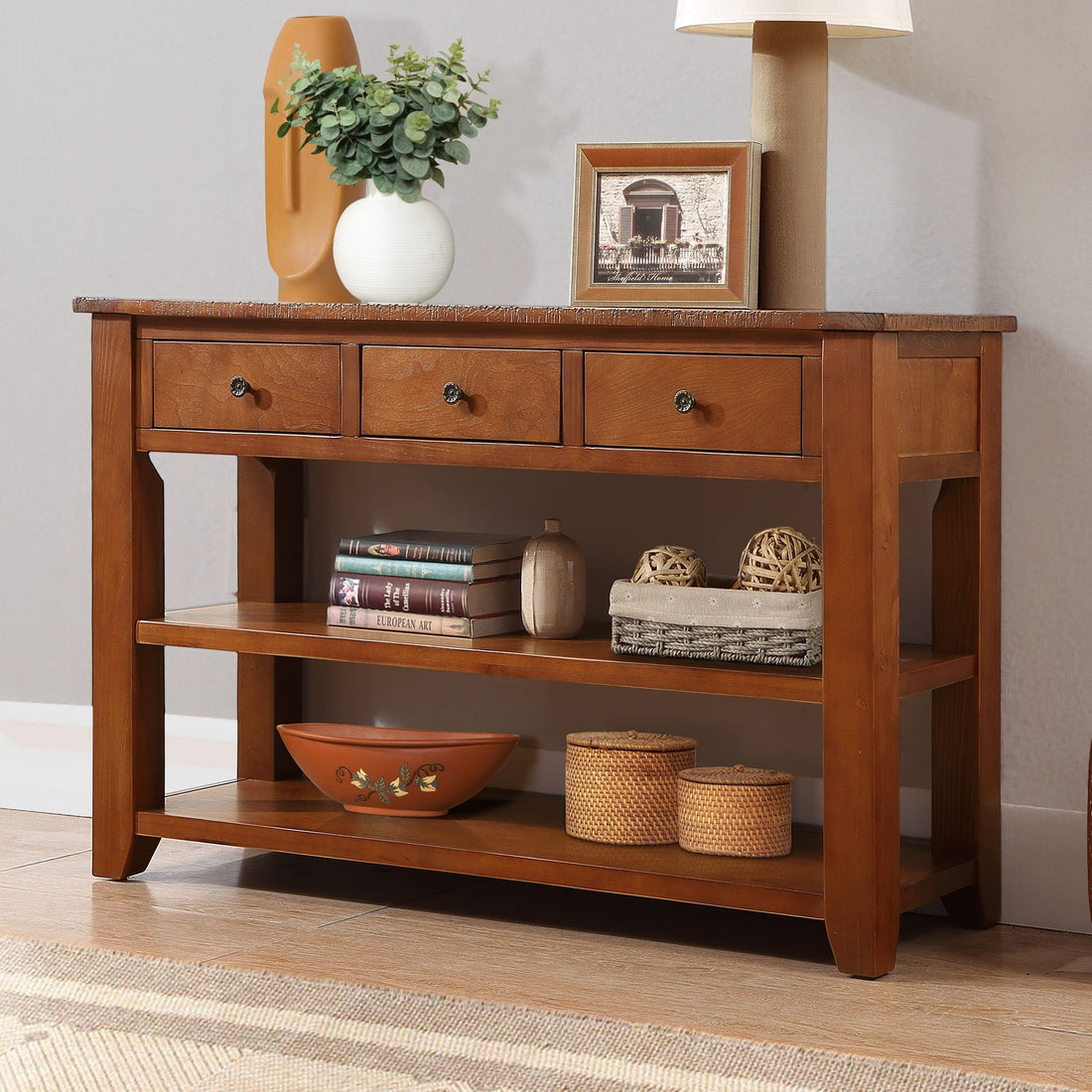 48'' Solid Pine Wood Top Console Table, Modern Entryway Sofa Side Table With 3 Storage Drawers And 2 Shelves. Easy To Assemble Brown Brown Pine