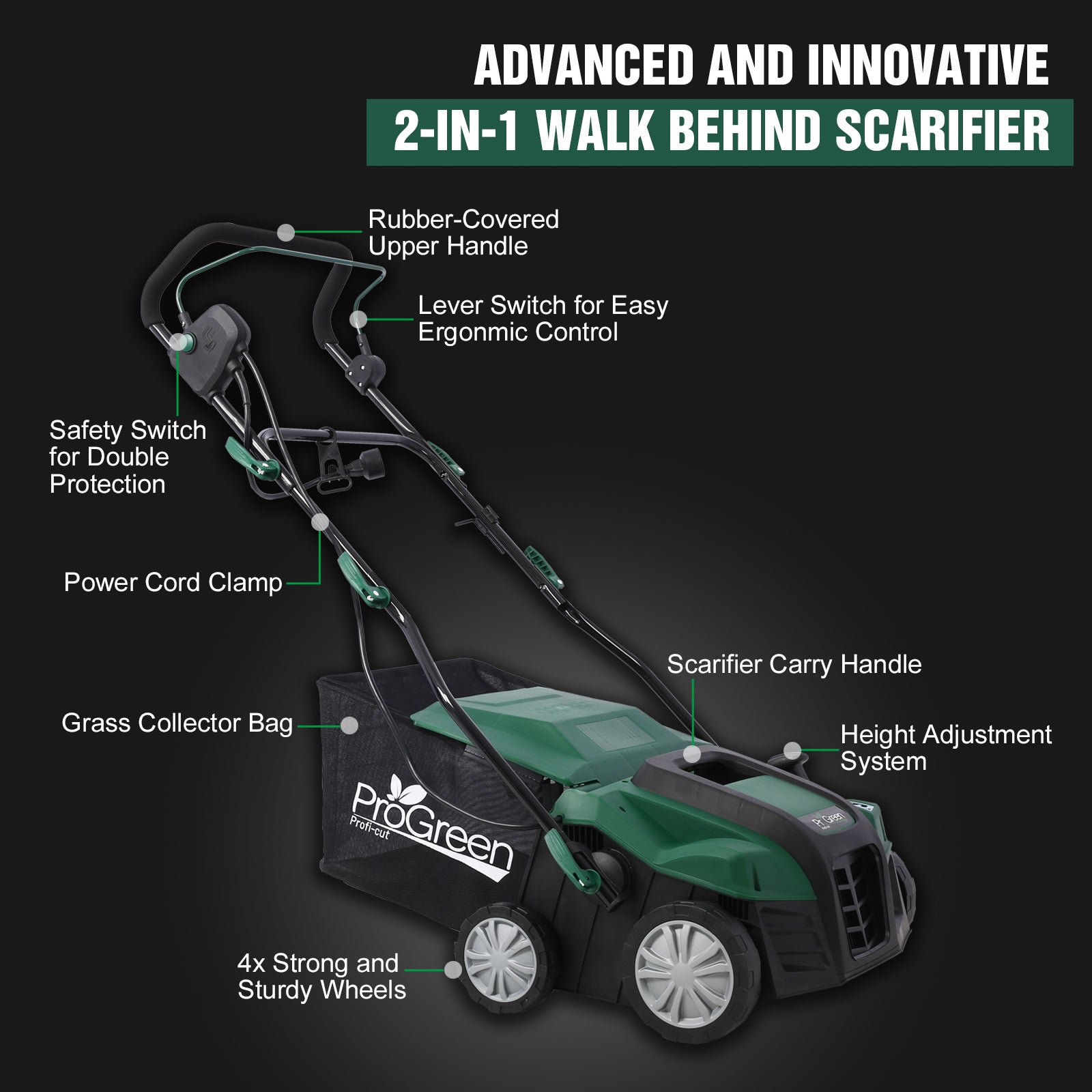 Garden Scarifier, 2 In 1 16Inch Dethatcher Scarifier,15 Amp Electric Lawn Dethatcher,Removable Collection Bag Extra Large 58Qt Green Metal