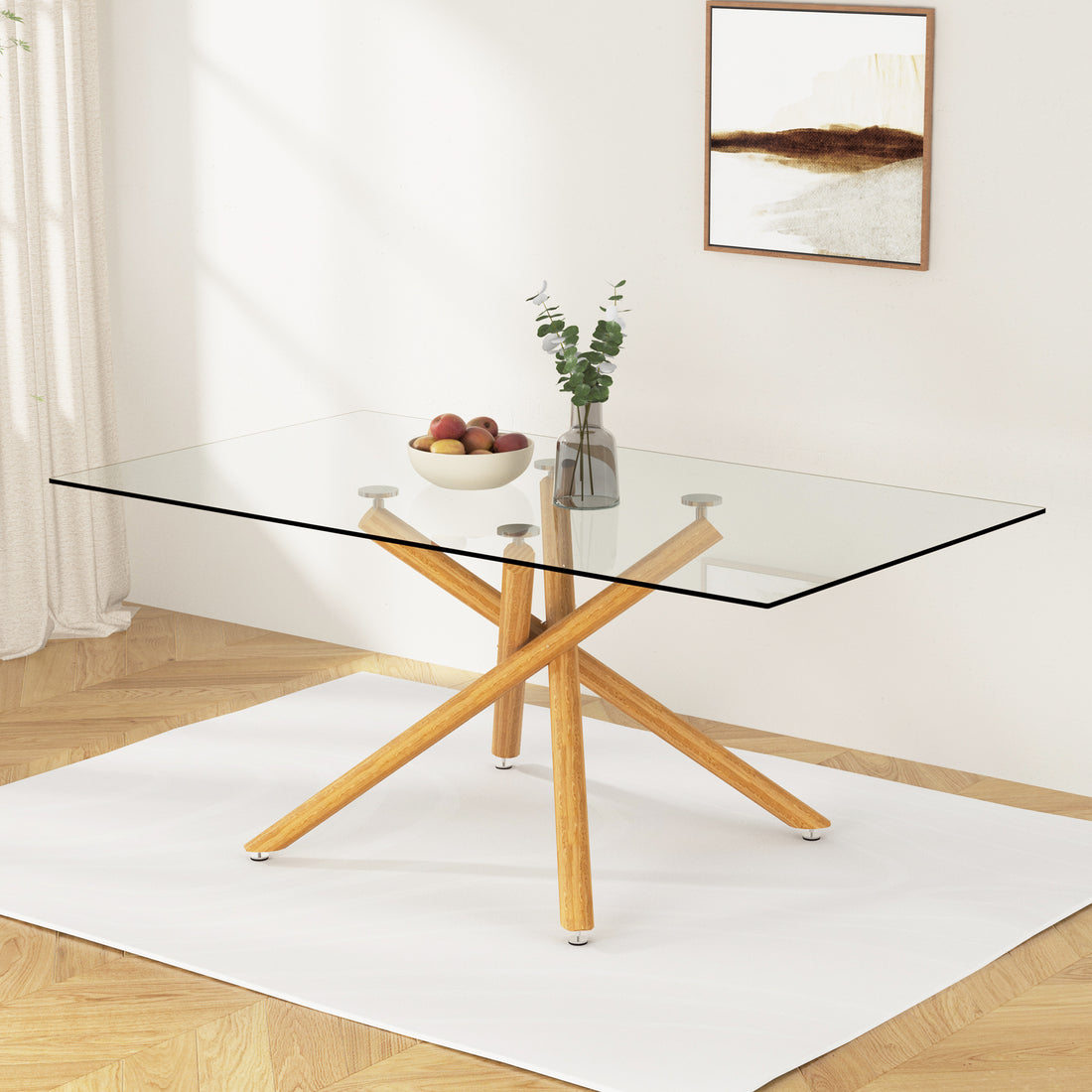 Large Modern Minimalist Rectangular Glass Dining Table For 6 8 With 0.39" Tempered Glass Tabletop And Wood Color Metal Legs, For Kitchen Dining Living Meeting Room Banquet Hall, 71" W X 39" D X 301537 Transparent Glass