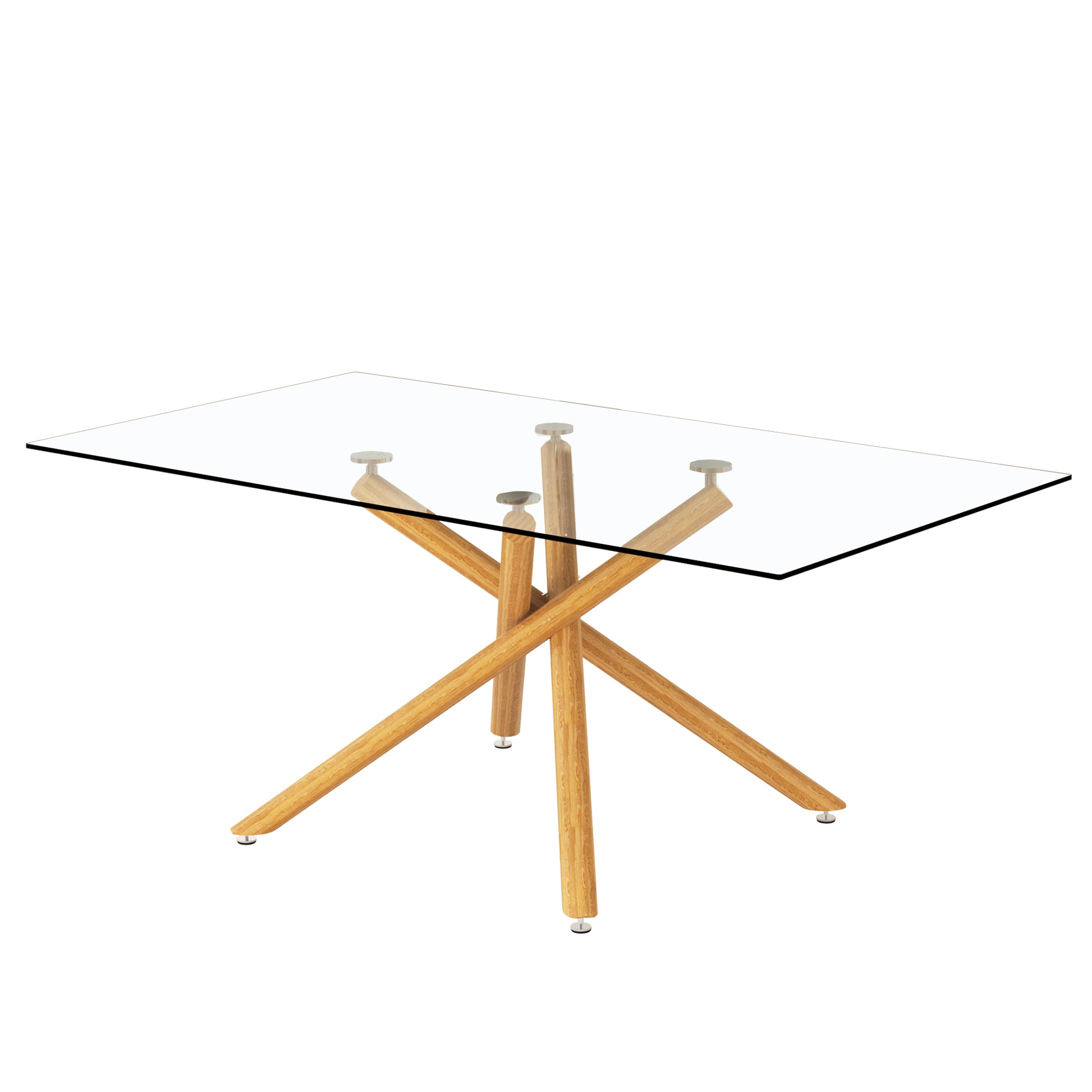 Large Modern Minimalist Rectangular Glass Dining Table For 6 8 With 0.39" Tempered Glass Tabletop And Wood Color Metal Legs, For Kitchen Dining Living Meeting Room Banquet Hall Transparent Glass