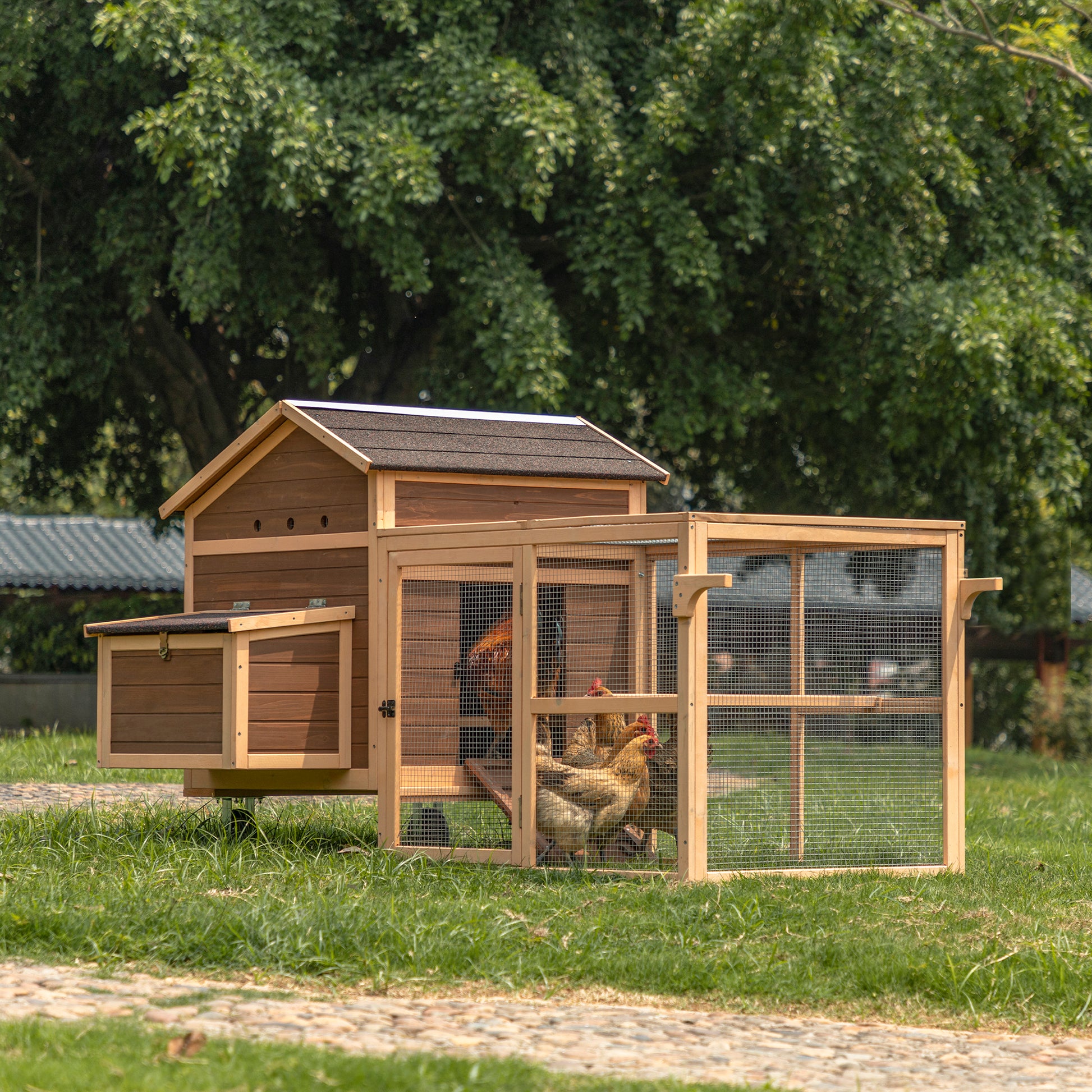 Chicken Coop With Wheels And Handrails,Weatherproof Outdoor Chicken Coop With Nesting Box, Outdoor Hen House With Removable Bottom For Easy Cleaning, Weatherproof Poultry Cage, Rabbit Hutch, Wood Duck Brown Solid Wood