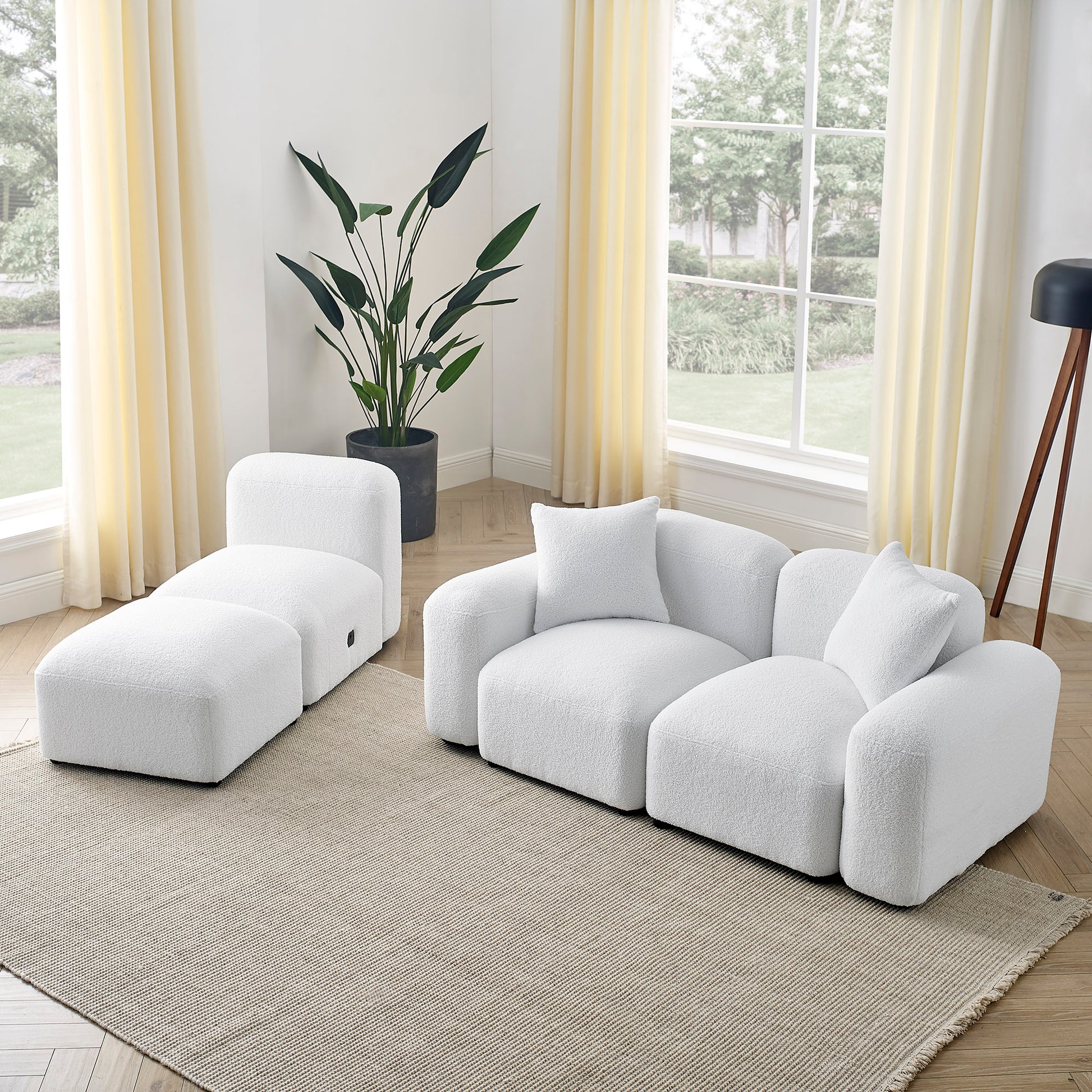 L Shape Modular Sectional Sofa, Diy Combination,Teddy Fabric,White White Teddy Foam
