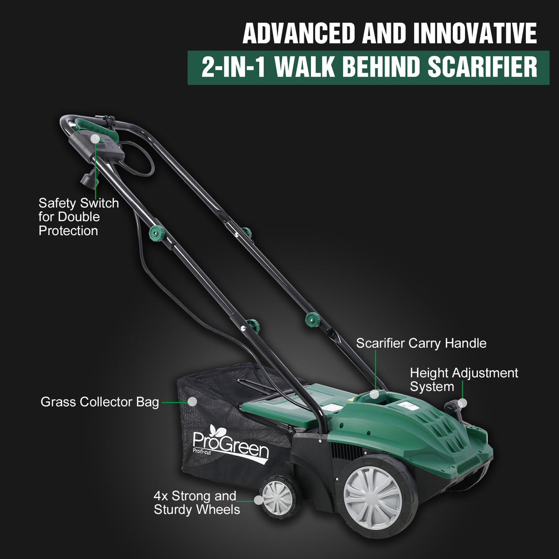 Garden Scarifier, 2 In 1 13Inch Dethatcher Scarifier,12 Amp Electric Lawn Dethatcher,Removable Collection Bag Extra Large 31.7Qt Green Metal