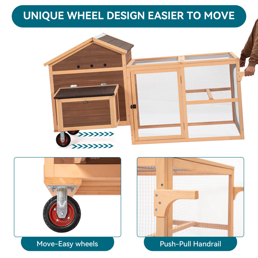 Chicken Coop With Wheels And Handrails,Weatherproof Outdoor Chicken Coop With Nesting Box, Outdoor Hen House With Removable Bottom For Easy Cleaning, Weatherproof Poultry Cage, Rabbit Hutch, Wood Duck Brown Solid Wood