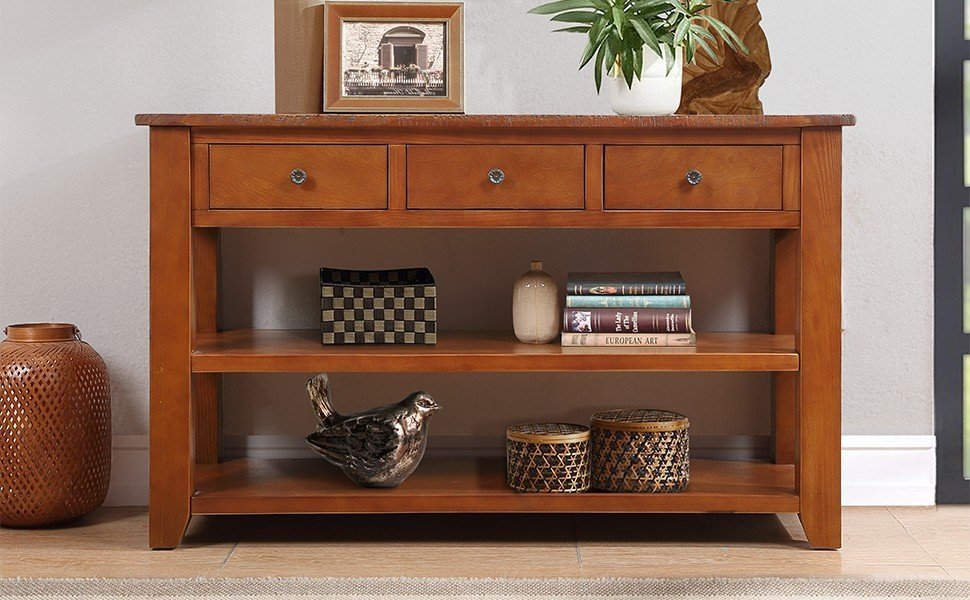 48'' Solid Pine Wood Top Console Table, Modern brown-pine