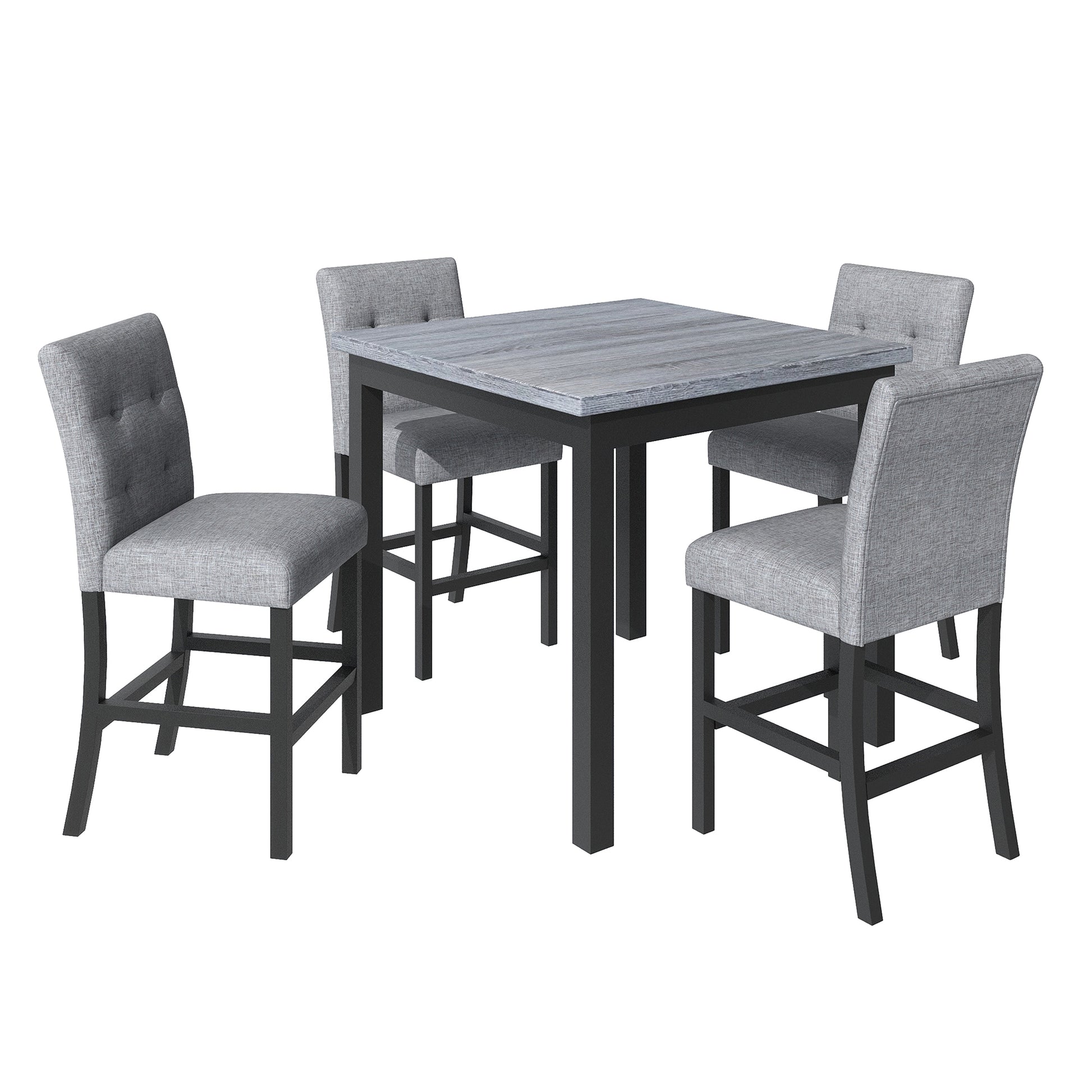 5 Piece Counter Height Dining Set Wood Square Dining Room Table And Chairs Stools W Footrest & 4 Upholstered High Back Chairs,Black Gray Wood Dining Room Solid Wood Rubberwood Square Dining Table With Chair Upholstered Chair Wood Black Queen Anne Seats 4