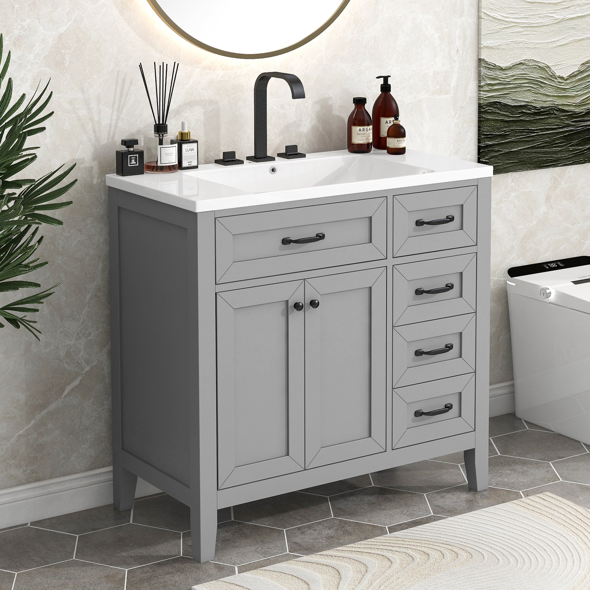36" Bathroom Vanity With Sink Combo, Bathroom Cabinet With Drawers, Solid Frame And Mdf Board, Grey Old Sku:Jl000007Aae Grey Solid Wood Mdf