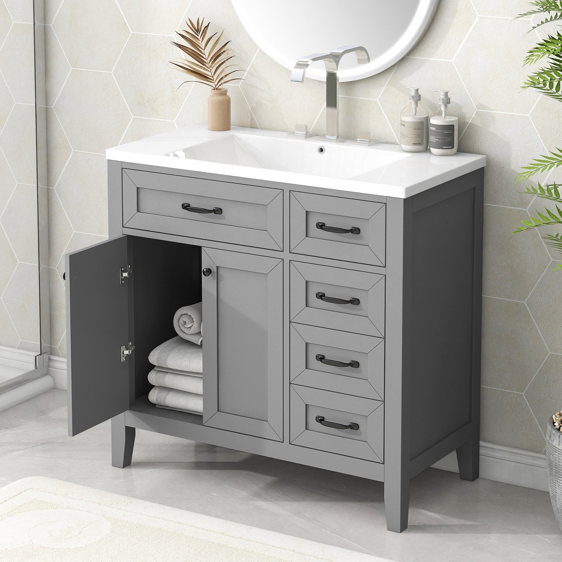 36" Bathroom Vanity With Sink Combo, Bathroom Cabinet With Drawers, Solid Frame And Mdf Board, Grey Old Sku:Jl000007Aae Grey Solid Wood Mdf