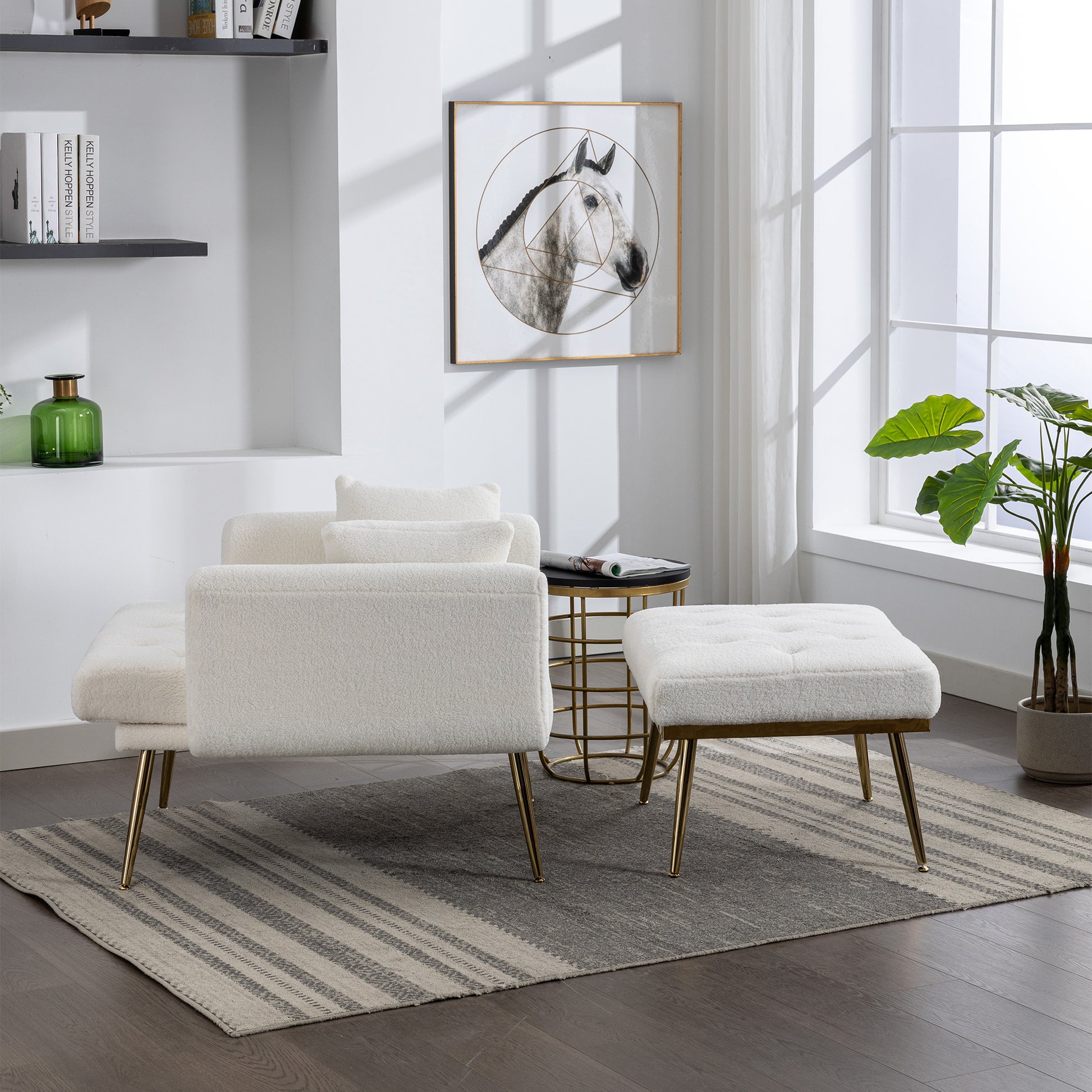 36.61'' Wide Modern Accent Chair With 3 Positions Adjustable Backrest, Tufted Chaise Lounge Chair, Single Recliner Armchair With Ottoman And Gold Legs For Living Room, Bedroom Ivory Ivory Foam Sherpa