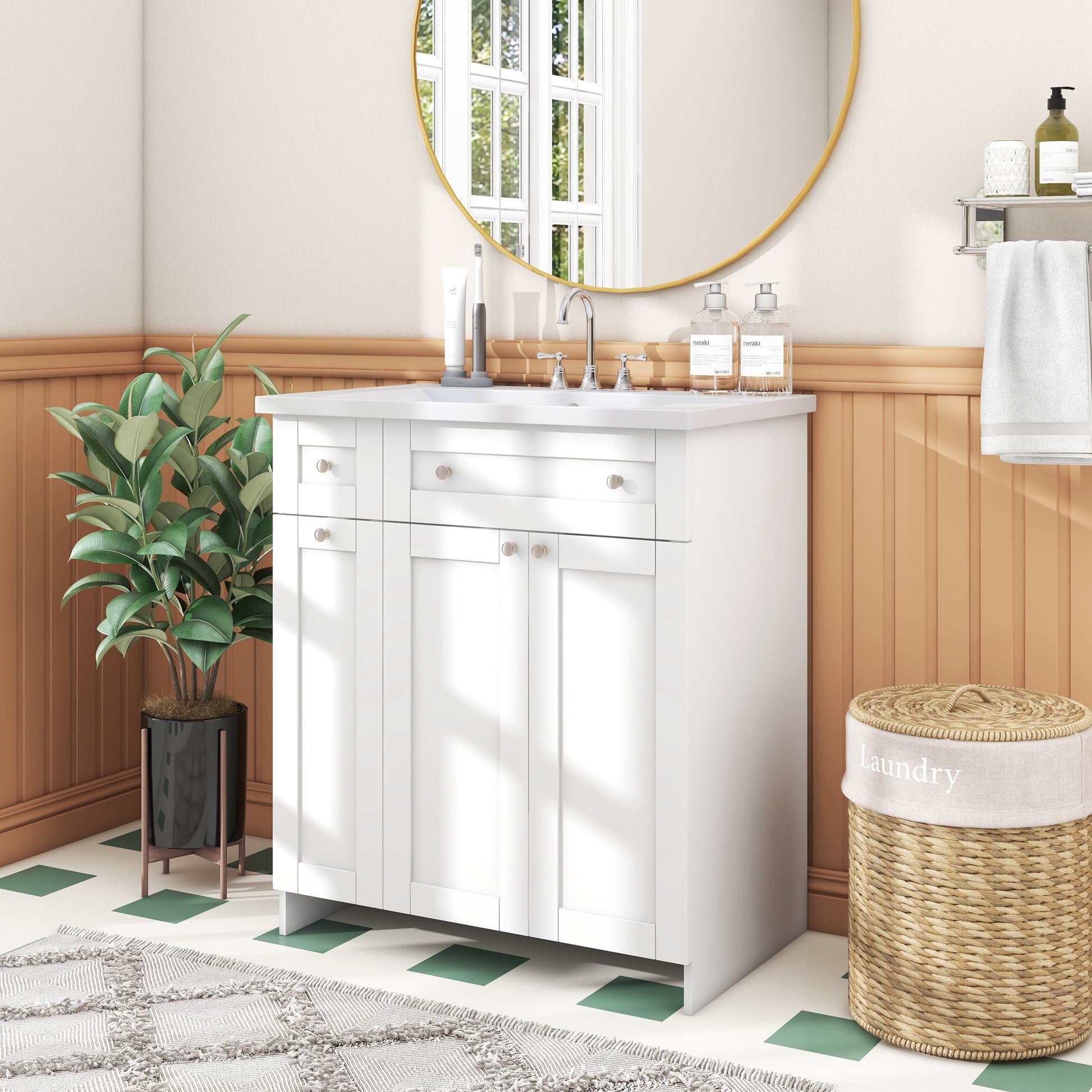 30 Inch White Bathroom Vanity With Ceramic Sink Combo, Abundant Storage Cabinet 2 Soft Close Doors And Double Tier Deep Drawer White Bathroom Mdf