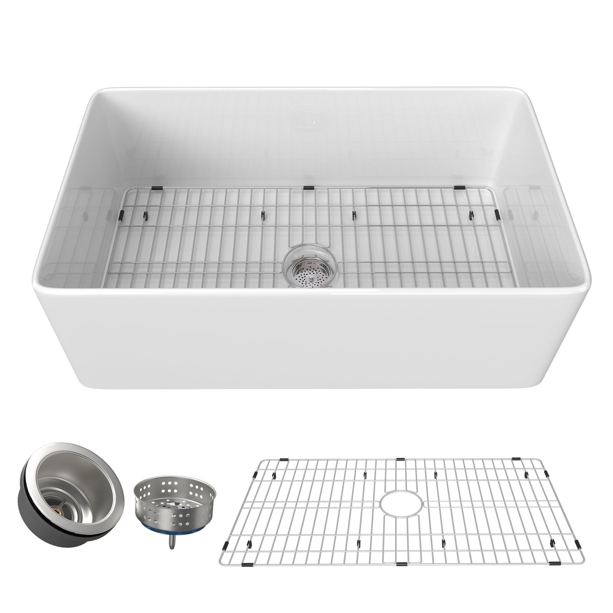 30 Inch Fireclay Farmhouse Kitchen Sink White Single Bowl Apron Front Kitchen Sink, Bottom Grid And Kitchen Sink Drain Included Natural Modern Fireclay