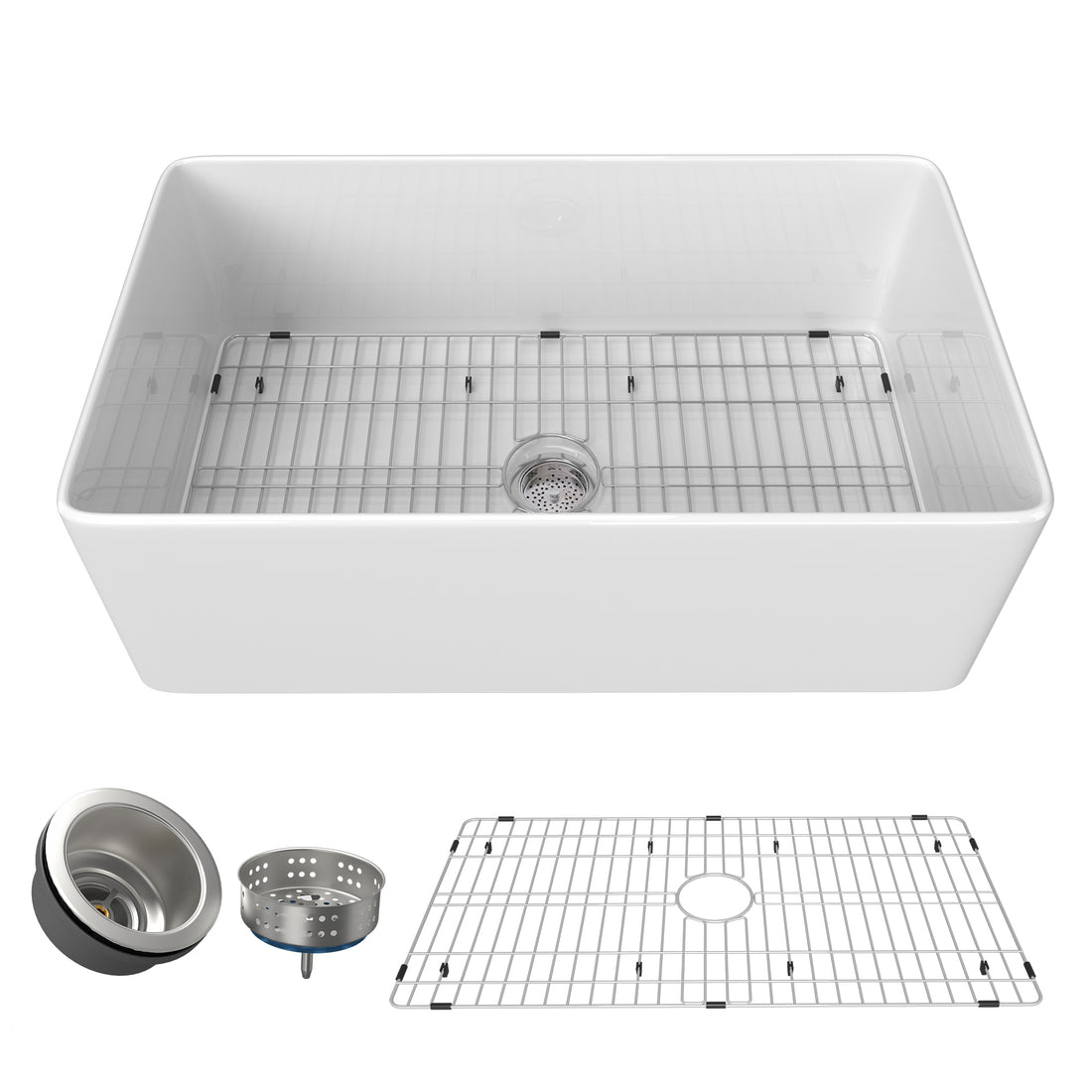 30 Inch Fireclay Farmhouse Kitchen Sink White Single Bowl Apron Front Kitchen Sink, Bottom Grid And Kitchen Sink Drain Included Natural Modern Fireclay