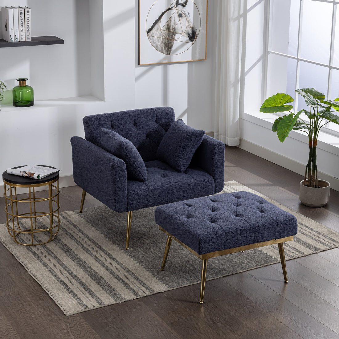 36.61'' Wide Modern Accent Chair With 3 Positions Adjustable Backrest, Tufted Chaise Lounge Chair, Single Recliner Armchair With Ottoman And Gold Legs For Living Room, Bedroom Navy Navy Foam Sherpa