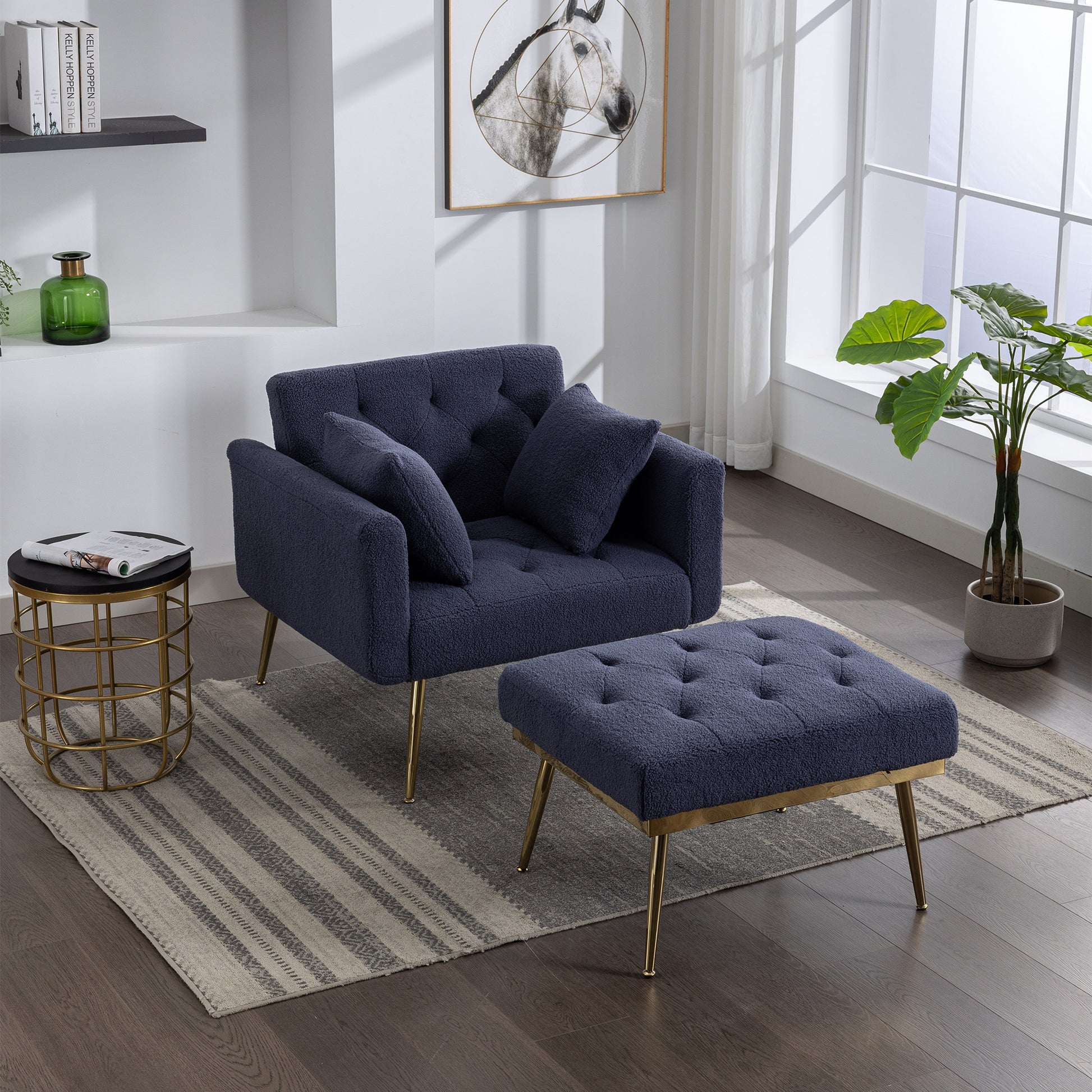 36.61'' Wide Modern Accent Chair With 3 Positions Adjustable Backrest, Tufted Chaise Lounge Chair, Single Recliner Armchair With Ottoman And Gold Legs For Living Room, Bedroom Navy Navy Foam Sherpa