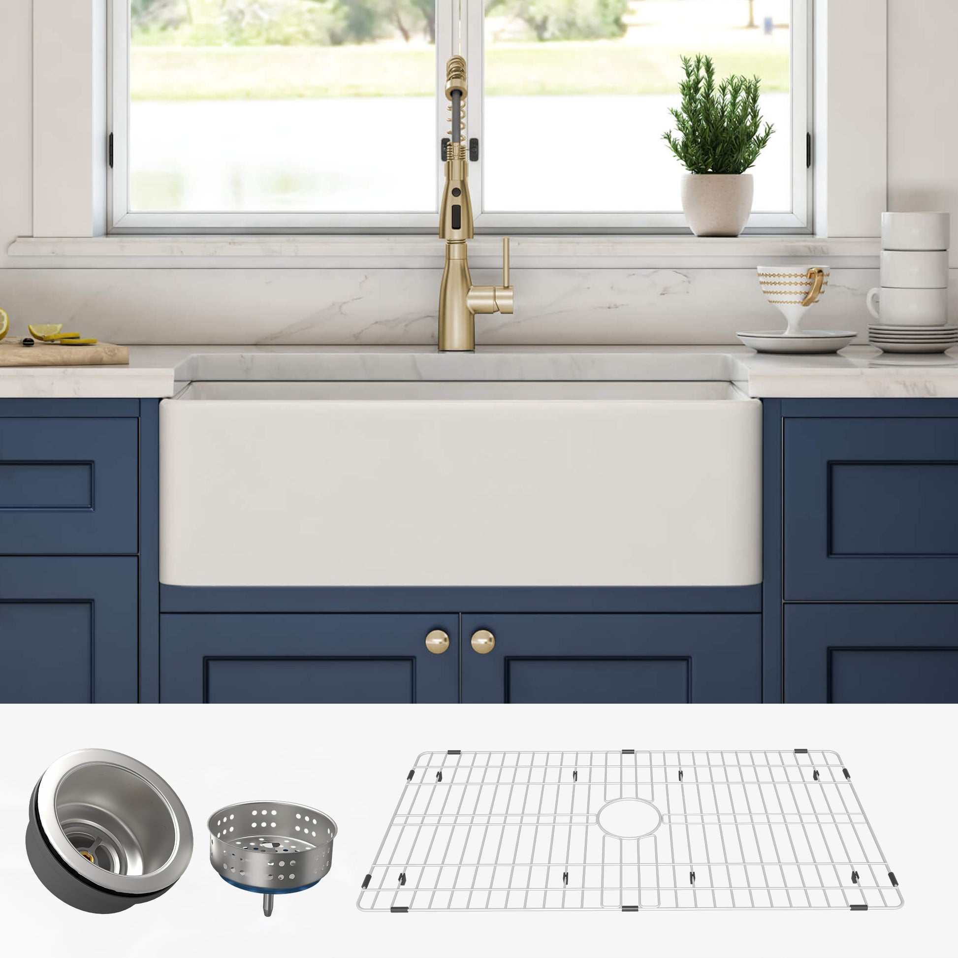 36 Inch Fireclay Farmhouse Kitchen Sink White Single Bowl Apron Front Kitchen Sink, Bottom Grid And Kitchen Sink Drain Included Natural Kitchen Modern Fireclay