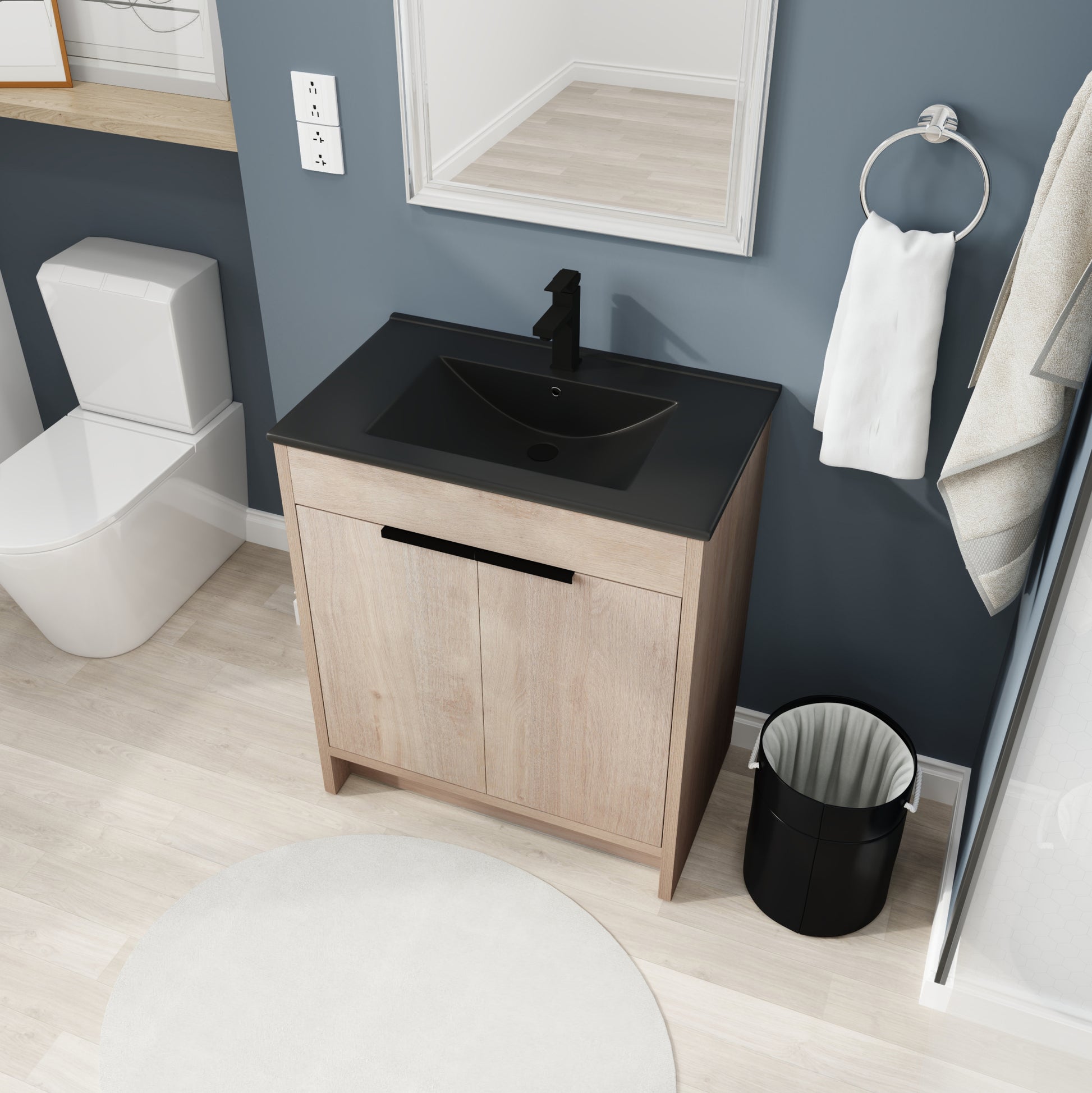 30 Inch Freestanding Bathroom Vanity With Black Ceramic Sink & 2 Soft Close Cabinet Doors Bvb02430Plo Bl9075Bk ,W1286S00019 Plain Light Oak 2 Bathroom Freestanding Modern Plywood