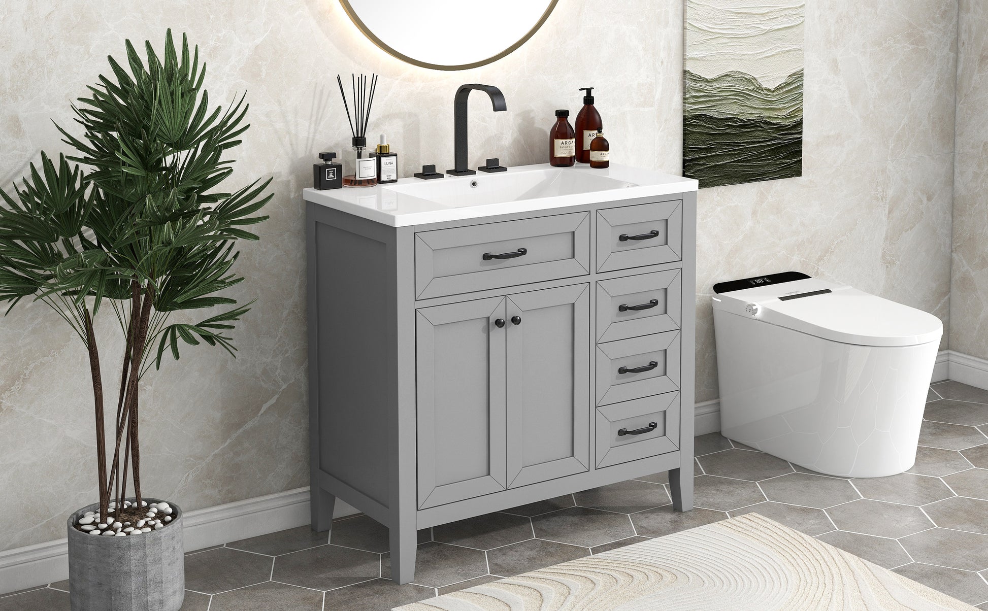 36" Bathroom Vanity With Sink Combo, Bathroom Cabinet With Drawers, Solid Frame And Mdf Board, Grey Old Sku:Jl000007Aae Grey Solid Wood Mdf