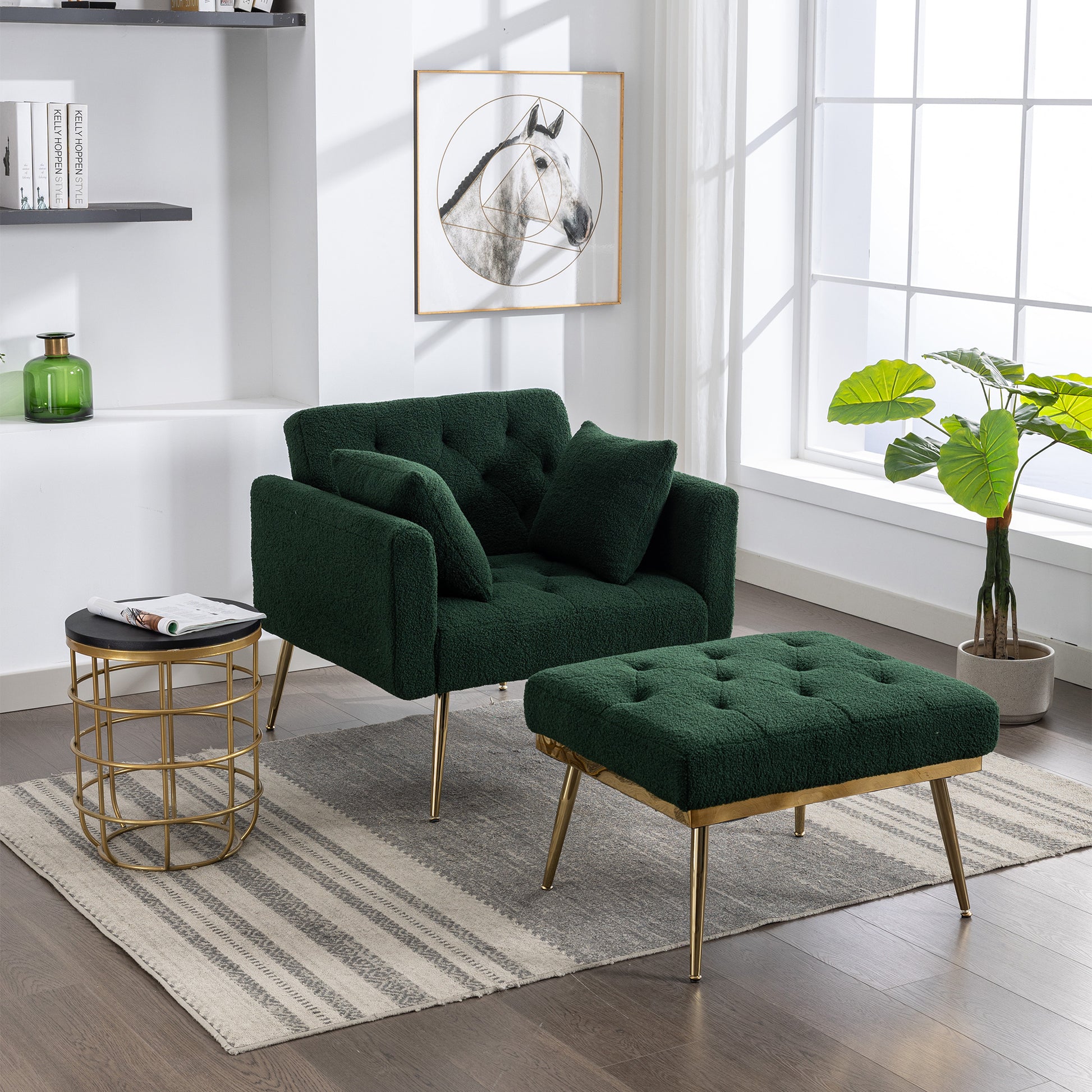 36.61'' Wide Modern Accent Chair With 3 Positions Adjustable Backrest, Tufted Chaise Lounge Chair, Single Recliner Armchair With Ottoman And Gold Legs For Living Room, Bedroom Green Green Foam Sherpa