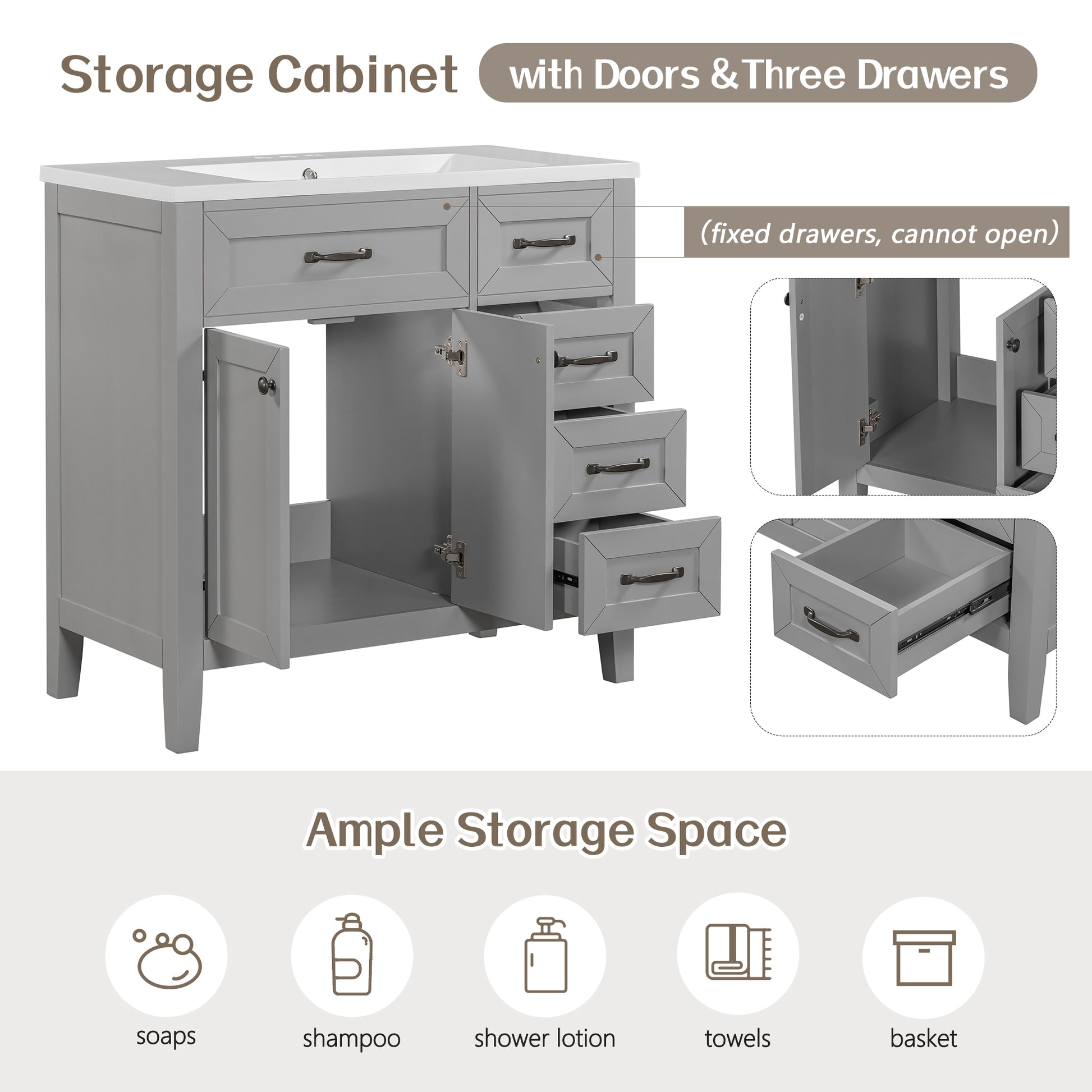 36" Bathroom Vanity With Sink Combo, Bathroom Cabinet With Drawers, Solid Frame And Mdf Board, Grey Grey Solid Wood Mdf