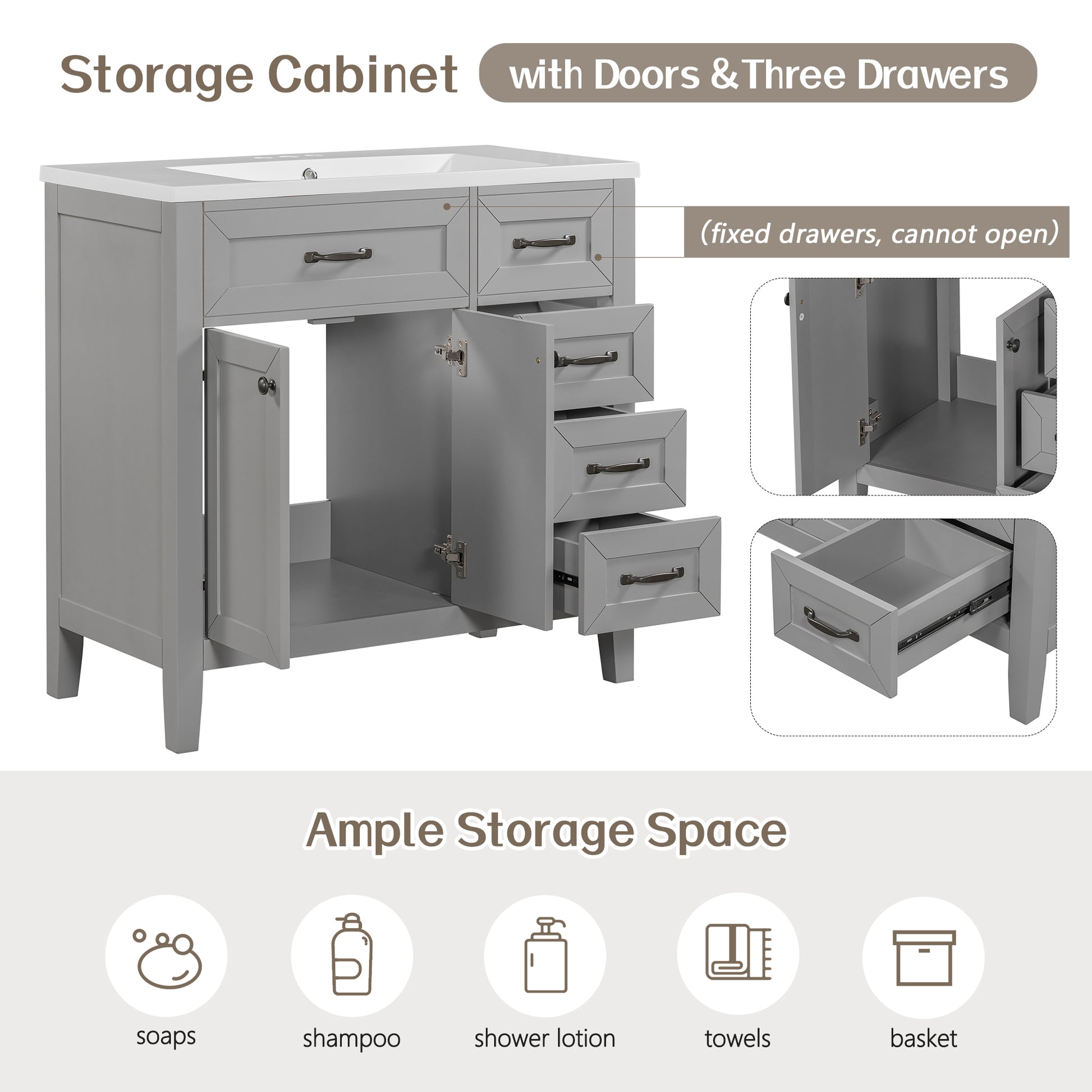 36" Bathroom Vanity With Sink Combo, Bathroom Cabinet With Drawers, Solid Frame And Mdf Board, Grey Old Sku:Jl000007Aae Grey Solid Wood Mdf