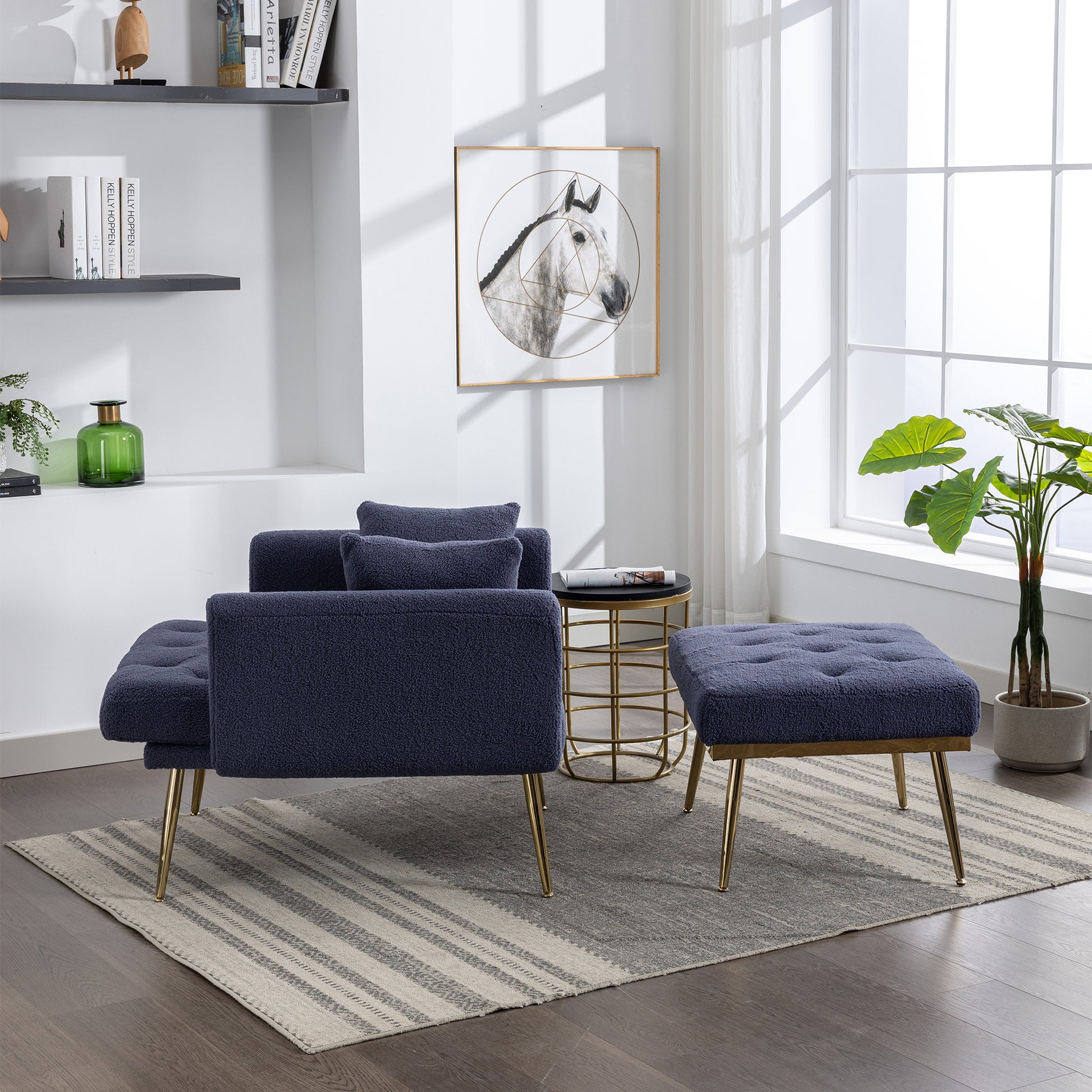 36.61'' Wide Modern Accent Chair With 3 Positions Adjustable Backrest, Tufted Chaise Lounge Chair, Single Recliner Armchair With Ottoman And Gold Legs For Living Room, Bedroom Navy Navy Foam Sherpa