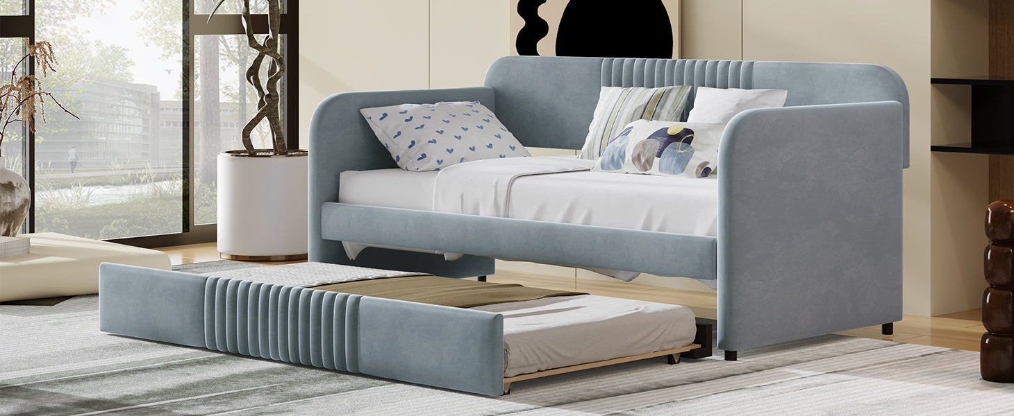 Upholstered Daybed Sofa Bed Twin Size With Trundle Bed And Wood Slat, Gray Gray Upholstered