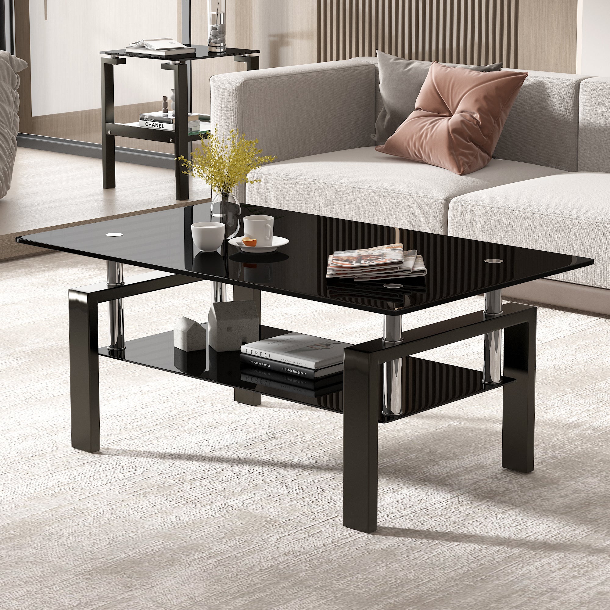 Tempered Black Glass Coffee Table, 2 Layers Tea Table Transparent Glas