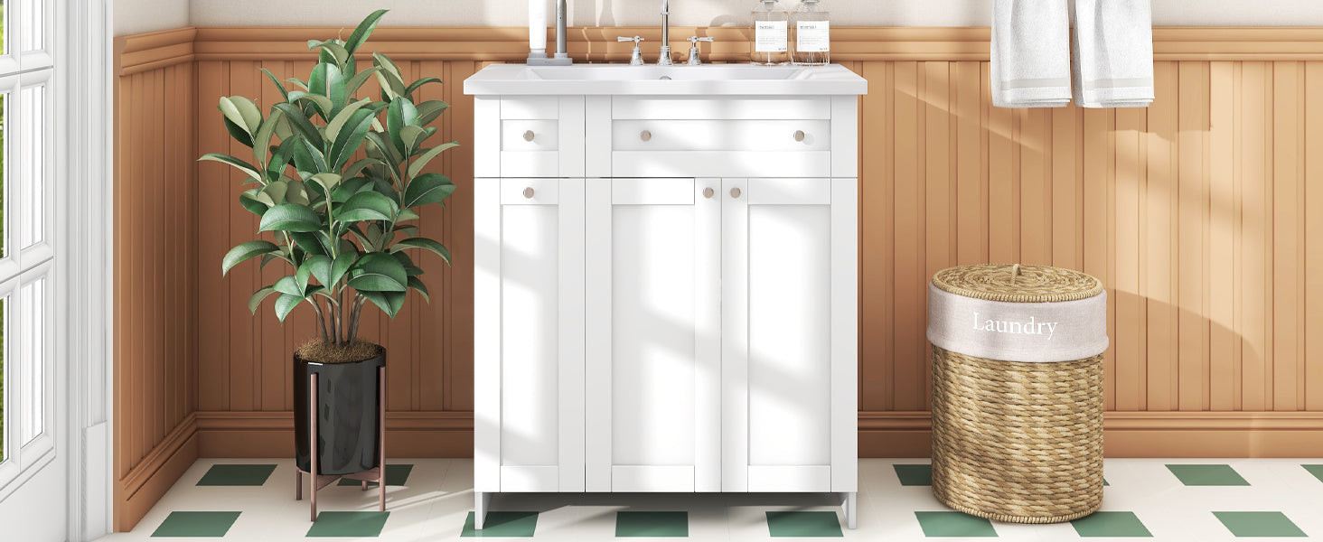 30 Inch White Bathroom Vanity With Ceramic Sink Combo, Abundant Storage Cabinet 2 Soft Close Doors And Double Tier Deep Drawer White Bathroom Mdf