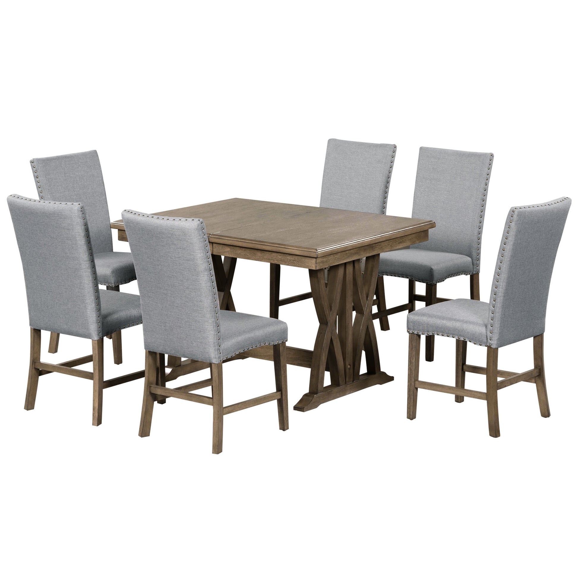 Mid Century Solid Wood 7 Piece Dining Table Set Extendable Kitchen Table Set With Upholstered Chairs And 12" Leaf For 6, Golden Brown Gray Cushion Brown Wood Dining Room Solid Wood Rubberwood Rectangular Dining Table With Chair Upholstered Chair Wood