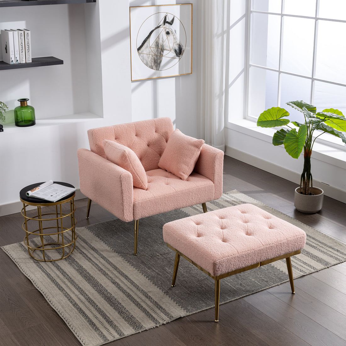 36.61'' Wide Modern Accent Chair With 3 Positions Adjustable Backrest, Tufted Chaise Lounge Chair, Single Recliner Armchair With Ottoman And Gold Legs For Living Room, Bedroom Pink Pink Foam Sherpa