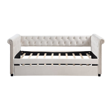 Daybed With Trundle Upholstered Tufted Sofa Bed, With Beautiful Round Armset Design, Twin Size, Beige Beige Solid Wood