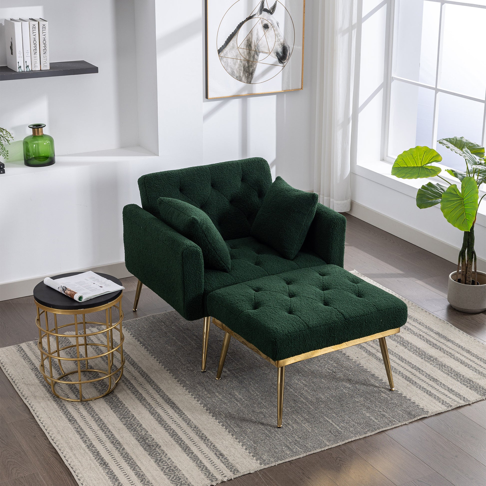 36.61'' Wide Modern Accent Chair With 3 Positions Adjustable Backrest, Tufted Chaise Lounge Chair, Single Recliner Armchair With Ottoman And Gold Legs For Living Room, Bedroom Green Green Foam Sherpa