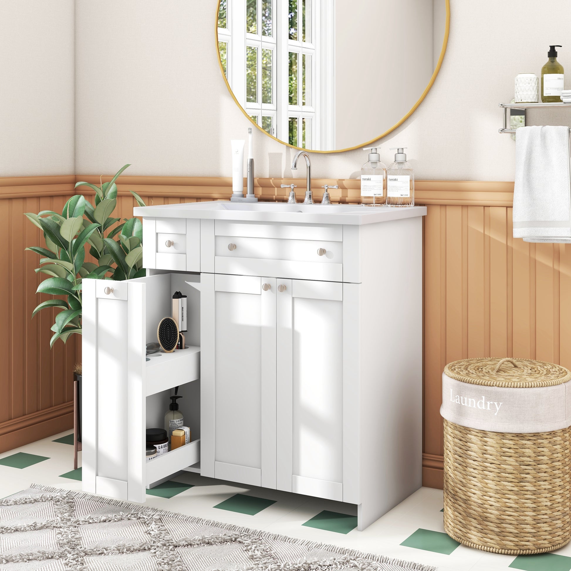 30 Inch White Bathroom Vanity With Ceramic Sink Combo, Abundant Storage Cabinet 2 Soft Close Doors And Double Tier Deep Drawer White Bathroom Mdf