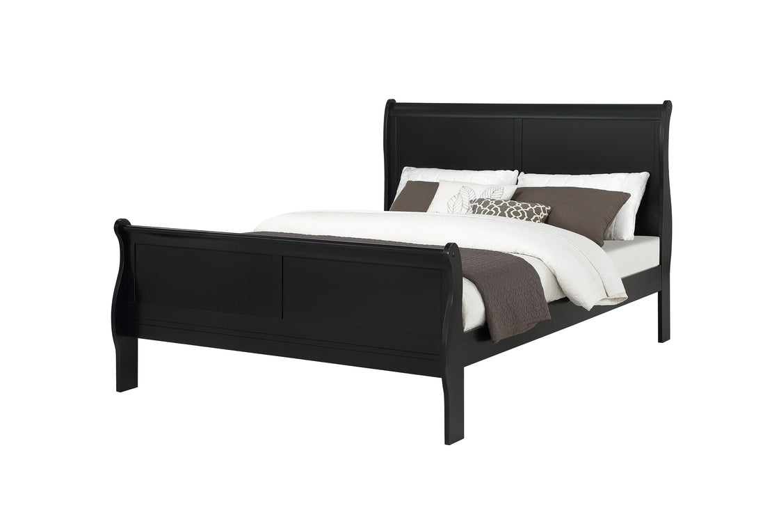 Louis Phillipe Brown Black Finish Full Size Panel Sleigh Bed Solid Wood Wooden Bedroom Furniture Full Black Solid Wood