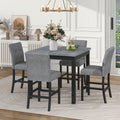 5 Piece Counter Height Dining Set Wood Square Dining Room Table And Chairs Stools W Footrest & 4 Upholstered High Back Chairs,Black Gray Wood Dining Room Solid Wood Rubberwood Square Dining Table With Chair Upholstered Chair Wood Black Queen Anne Seats 4