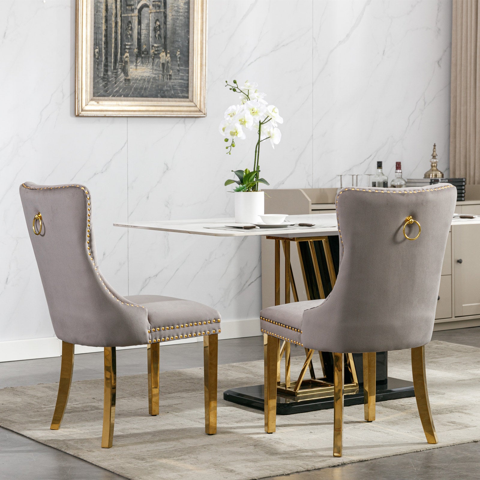 Nikki Collection Modern, High End Tufted Solid Wood Contemporary Velvet Upholstered Dining Chair With Golden Stainless Steel Plating Legs,Nailhead Trim,Set Of 2,Gray And Gold, Sw1601Gy Gray Foam Velvet