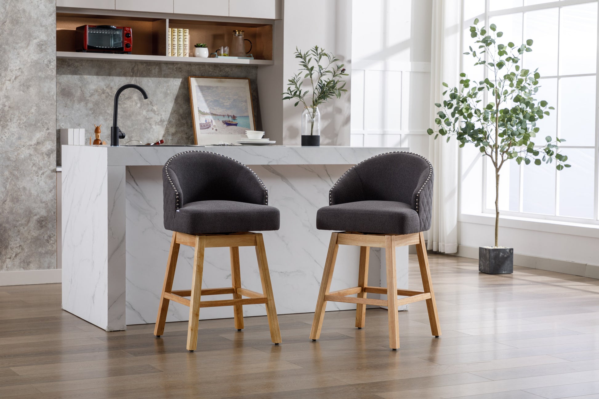 Coolmore Bar Stools Set Of 2 Counter Height Chairs With Footrest For Kitchen, Dining Room And 360 Degree Swivel Charcoal Grey Linen