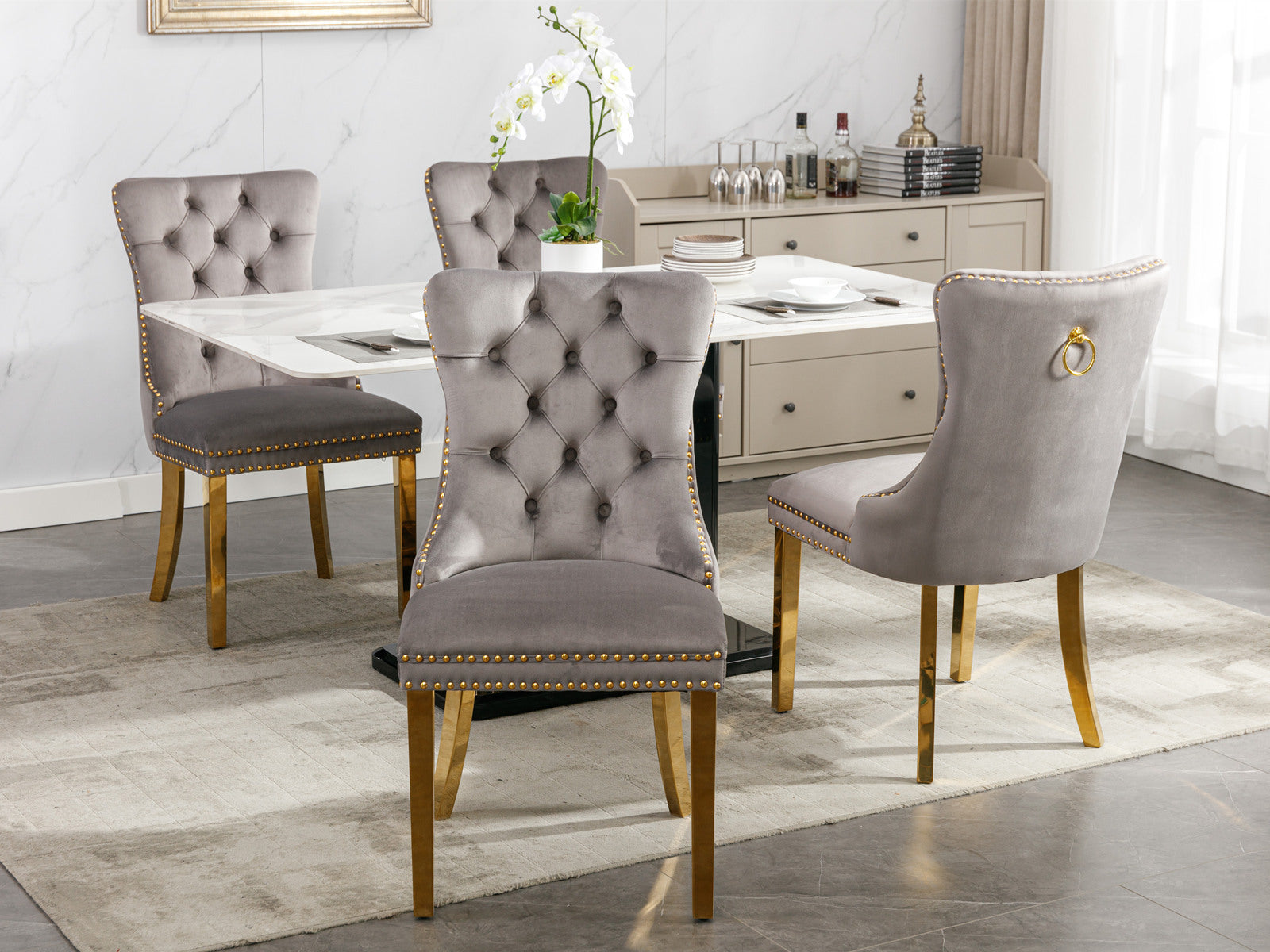 Nikki Collection Modern, High End Tufted Solid Wood Contemporary Velvet Upholstered Dining Chair With Golden Stainless Steel Plating Legs,Nailhead Trim,Set Of 2,Gray And Gold, Sw1601Gy Gray Foam Velvet