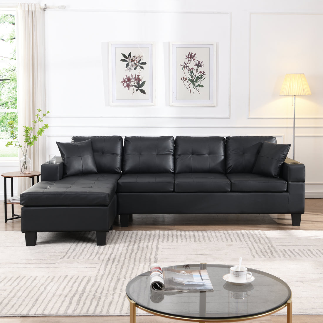 Sectional Sofa Set For Living Room With L Shape Chaise Lounge ,Cup Holder And Left Or Right Hand Chaise Modern 4 Seat Black Black Wood 4 Seat